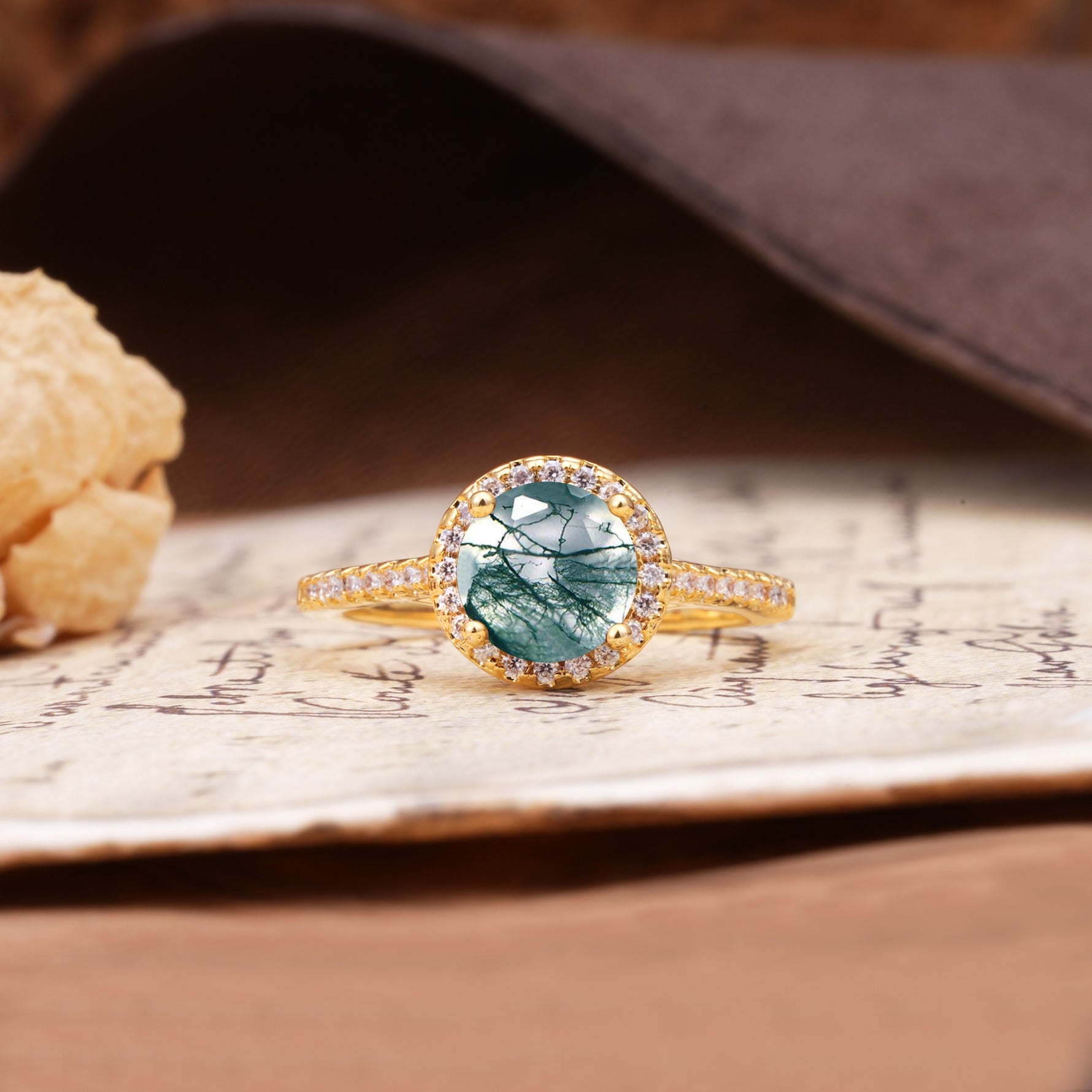 Luxurious, Vintage, Dazzling 4-Prong Round-Cut Moss Agate Engagement Ring - Additional view