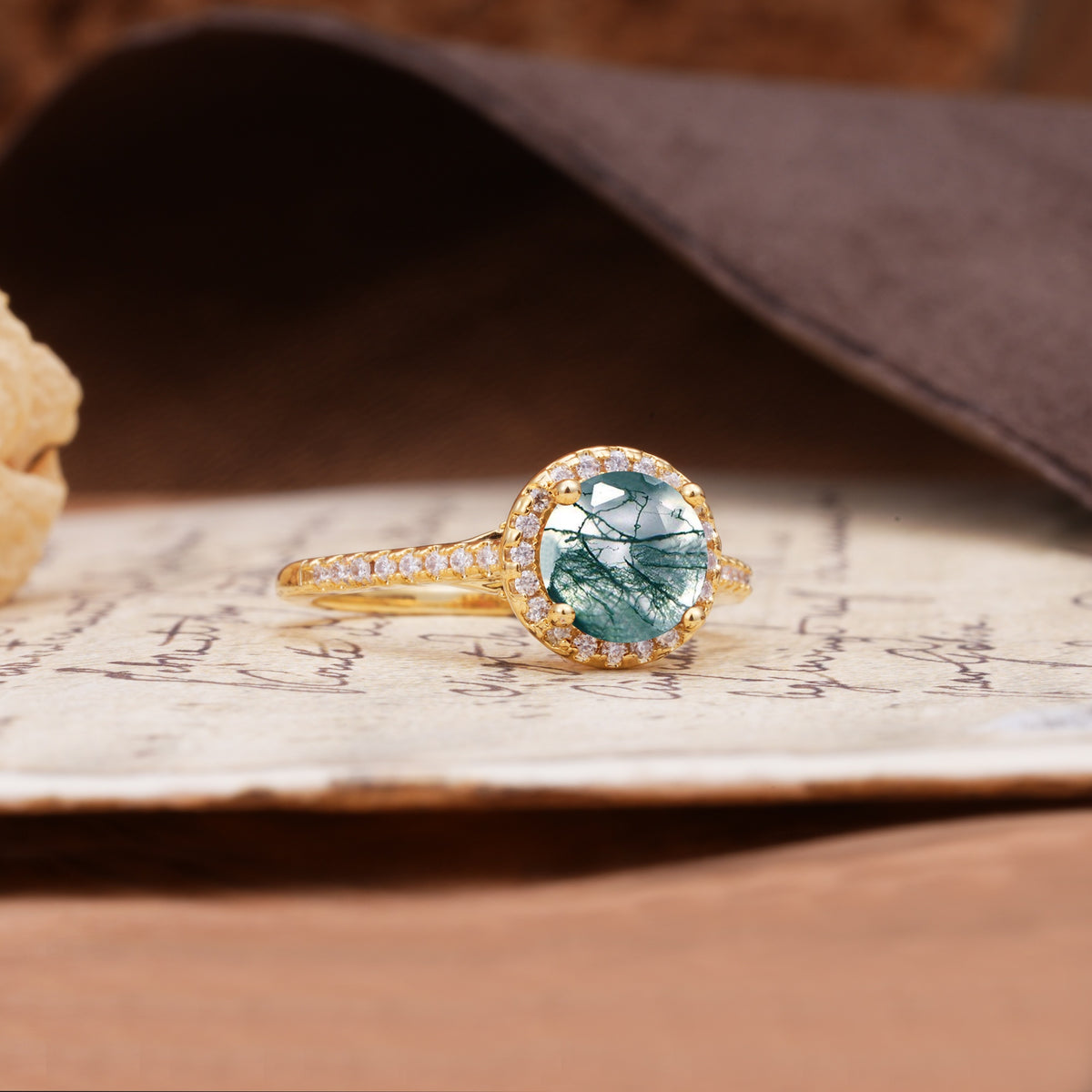 Luxurious, Vintage, Dazzling 4-Prong Round-Cut Moss Agate Engagement Ring - Additional view