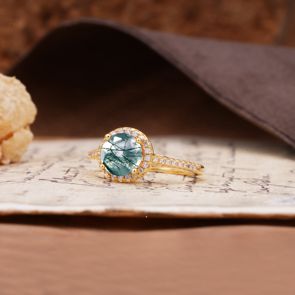 Luxurious, Vintage, Dazzling 4-Prong Round-Cut Moss Agate Engagement Ring - Additional view