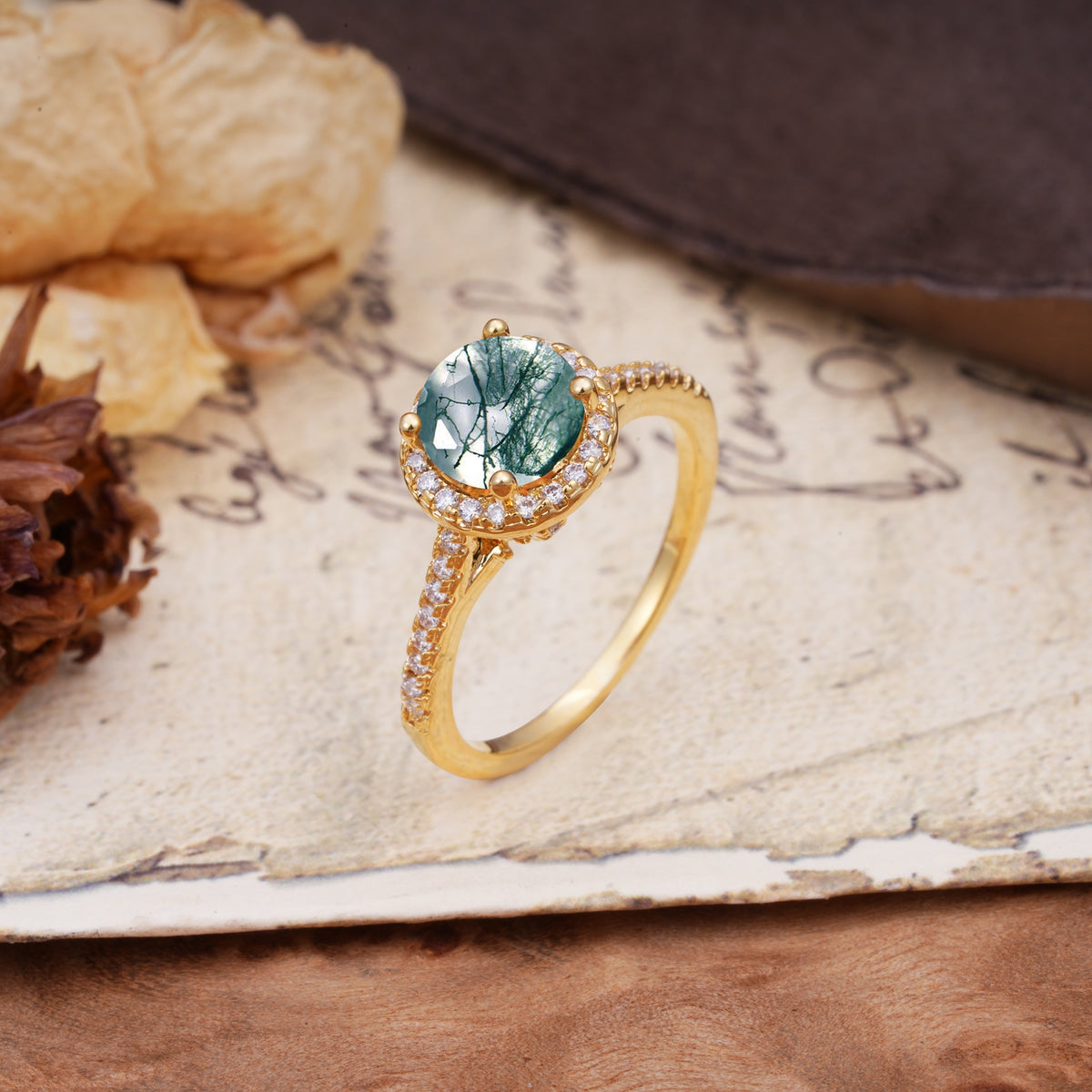 Luxurious, Vintage, Dazzling 4-Prong Round-Cut Moss Agate Engagement Ring - Additional view