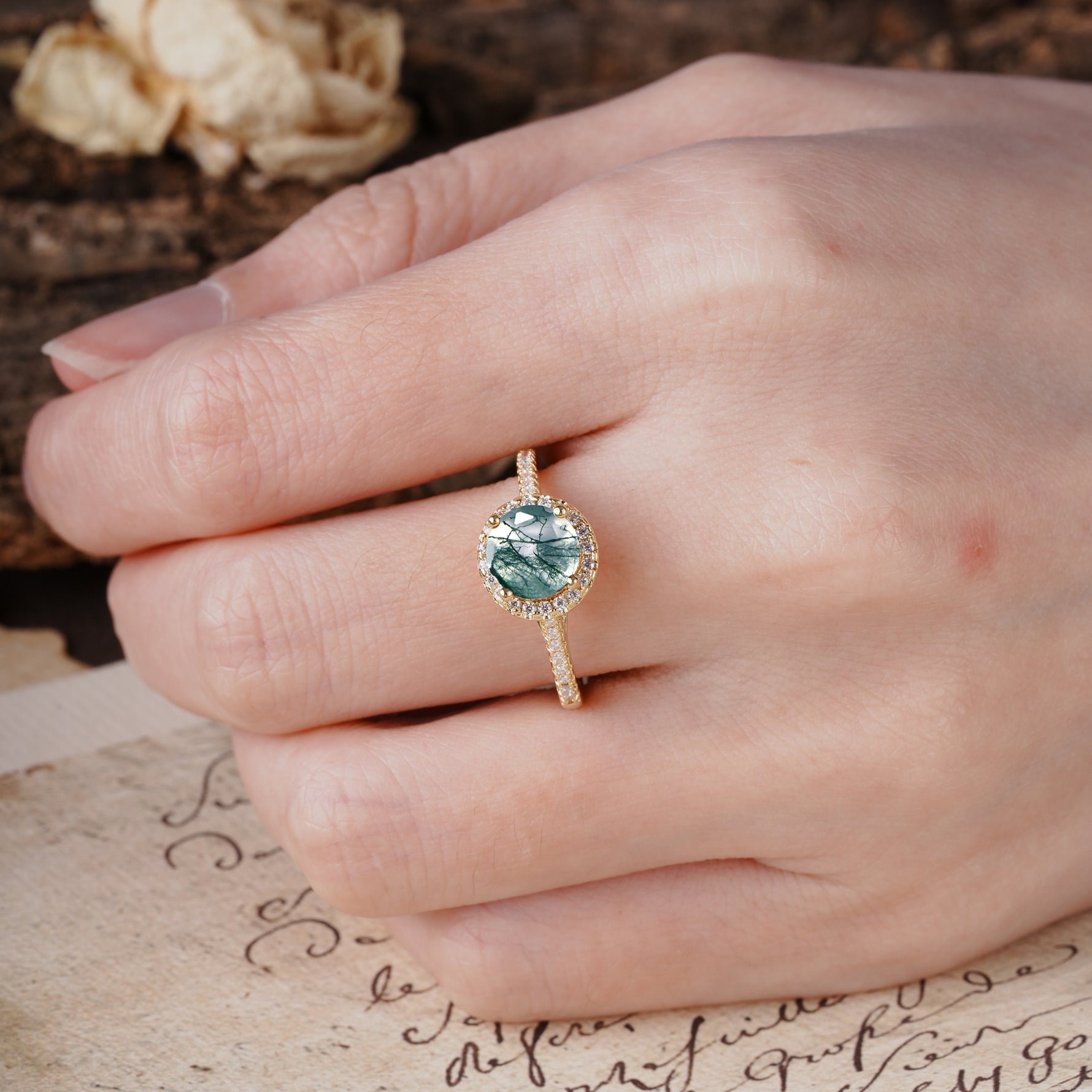 Luxurious, Vintage, Dazzling 4-Prong Round-Cut Moss Agate Engagement Ring - Additional view