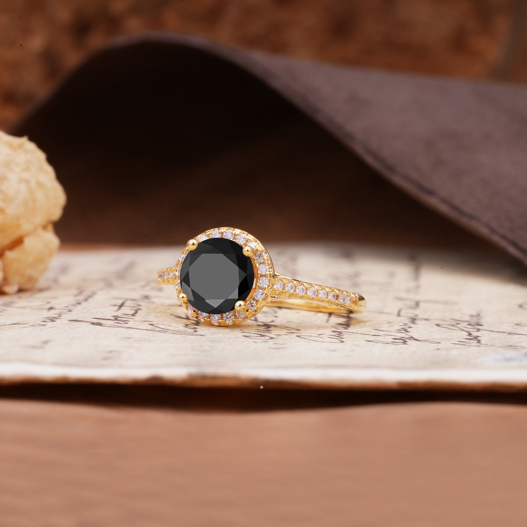 Luxurious, Vintage, Dazzling 4-Prong Round-Cut Black Onyx Engagement Ring - Additional view