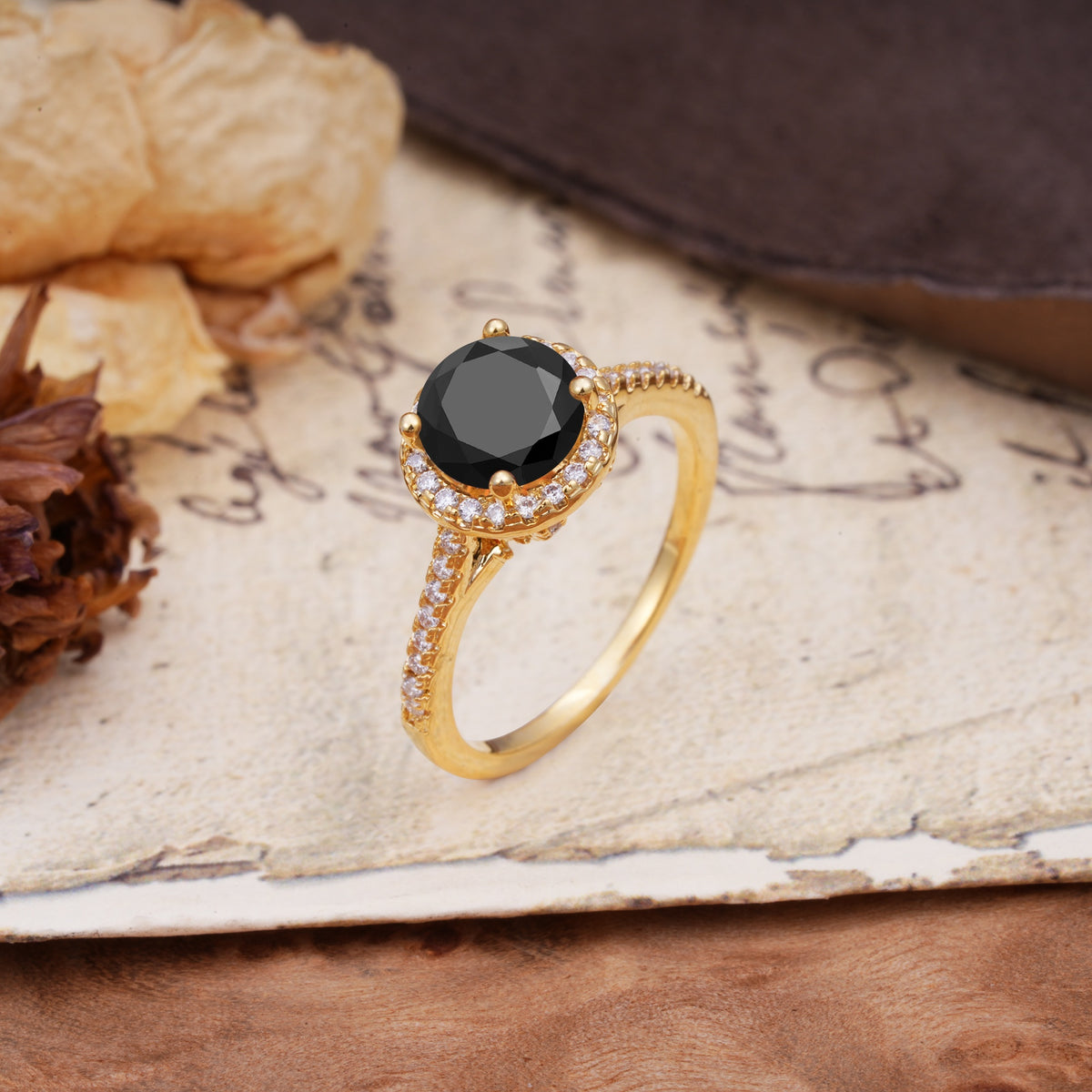 Luxurious, Vintage, Dazzling 4-Prong Round-Cut Black Onyx Engagement Ring - Additional view