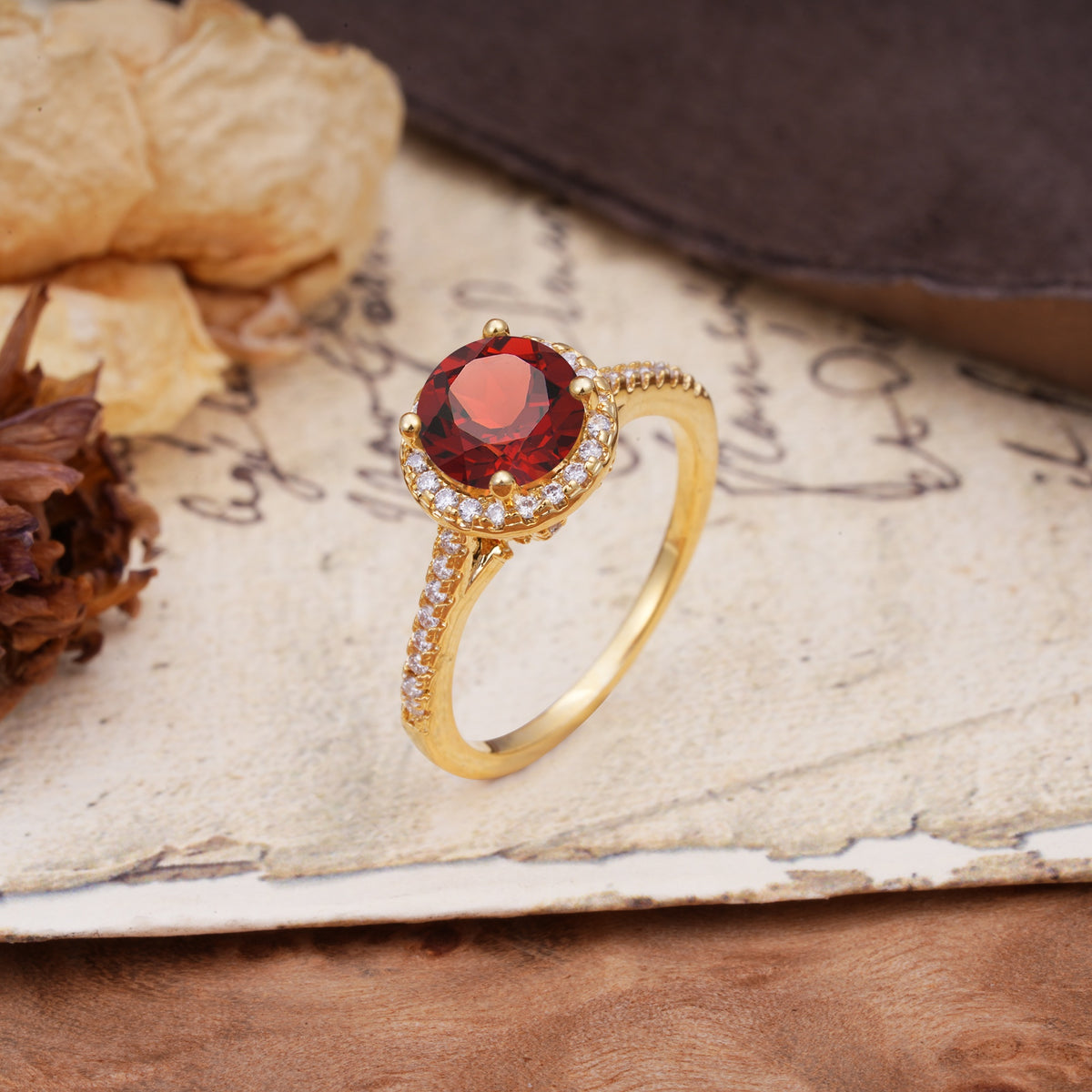 Luxurious, Vintage, Dazzling 4-Prong Round-Cut Garnet Engagement Ring - Additional view