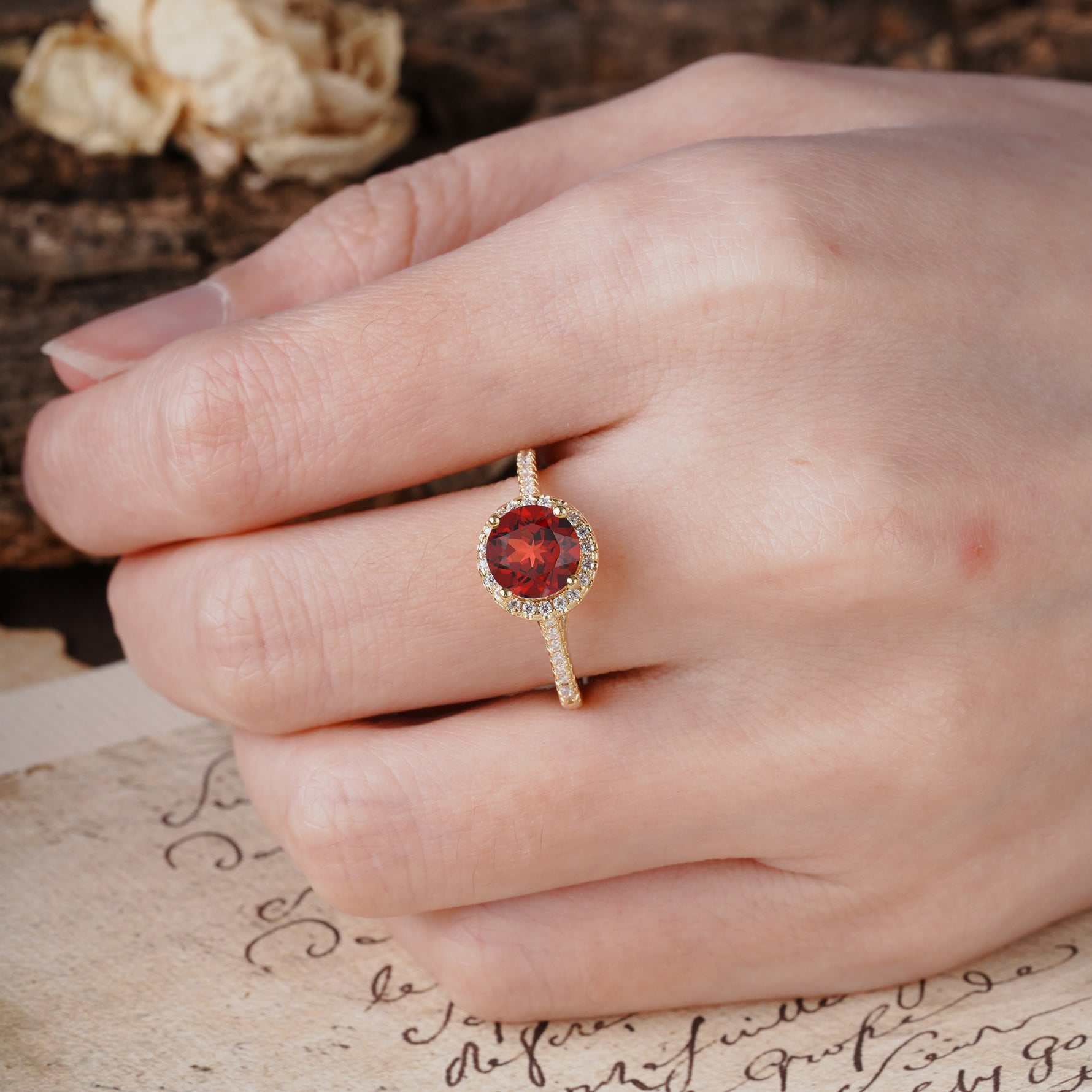 Luxurious, Vintage, Dazzling 4-Prong Round-Cut Garnet Engagement Ring - Additional view