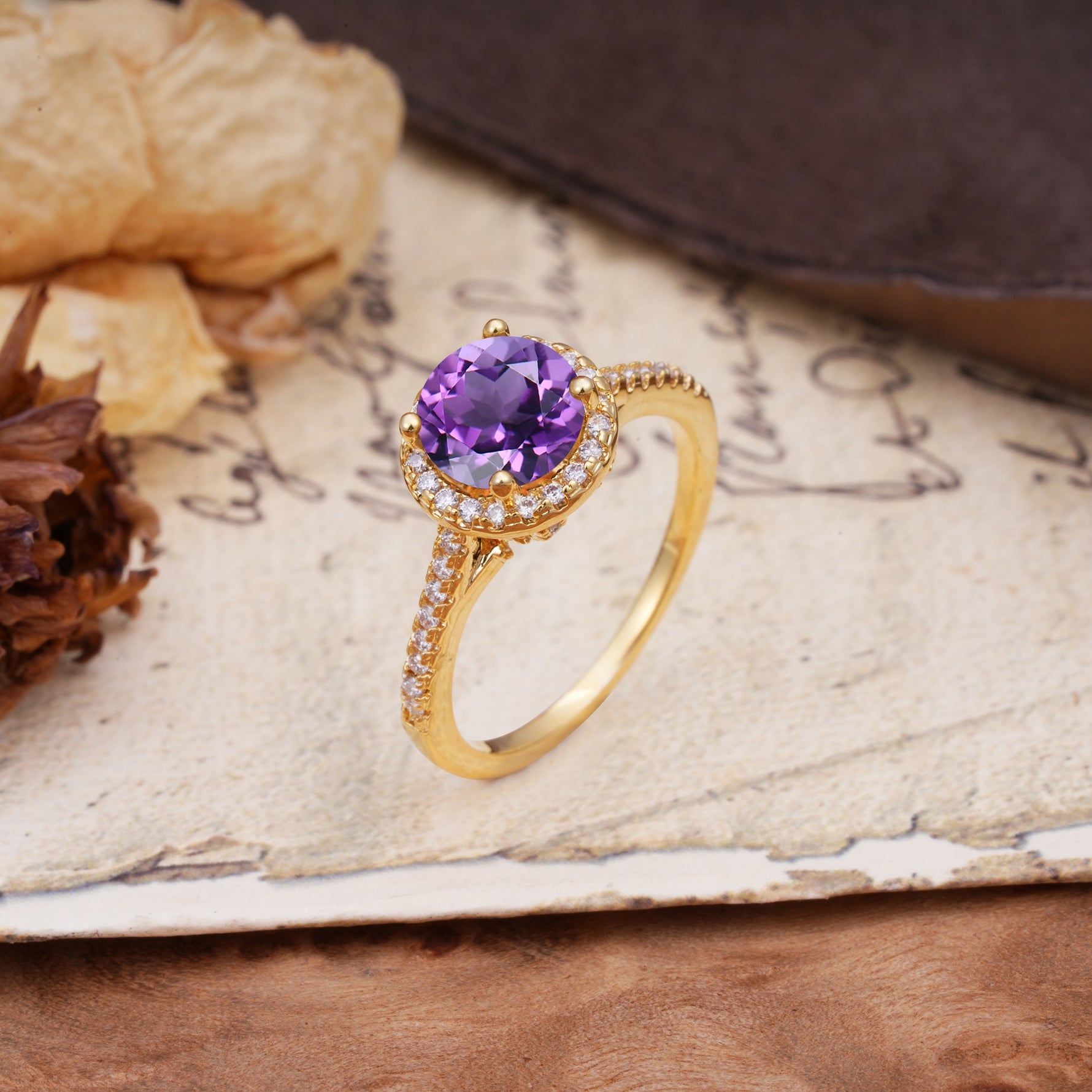 Luxurious, Vintage, Dazzling 4-Prong Round-Cut Amethyst Engagement Ring - Additional view