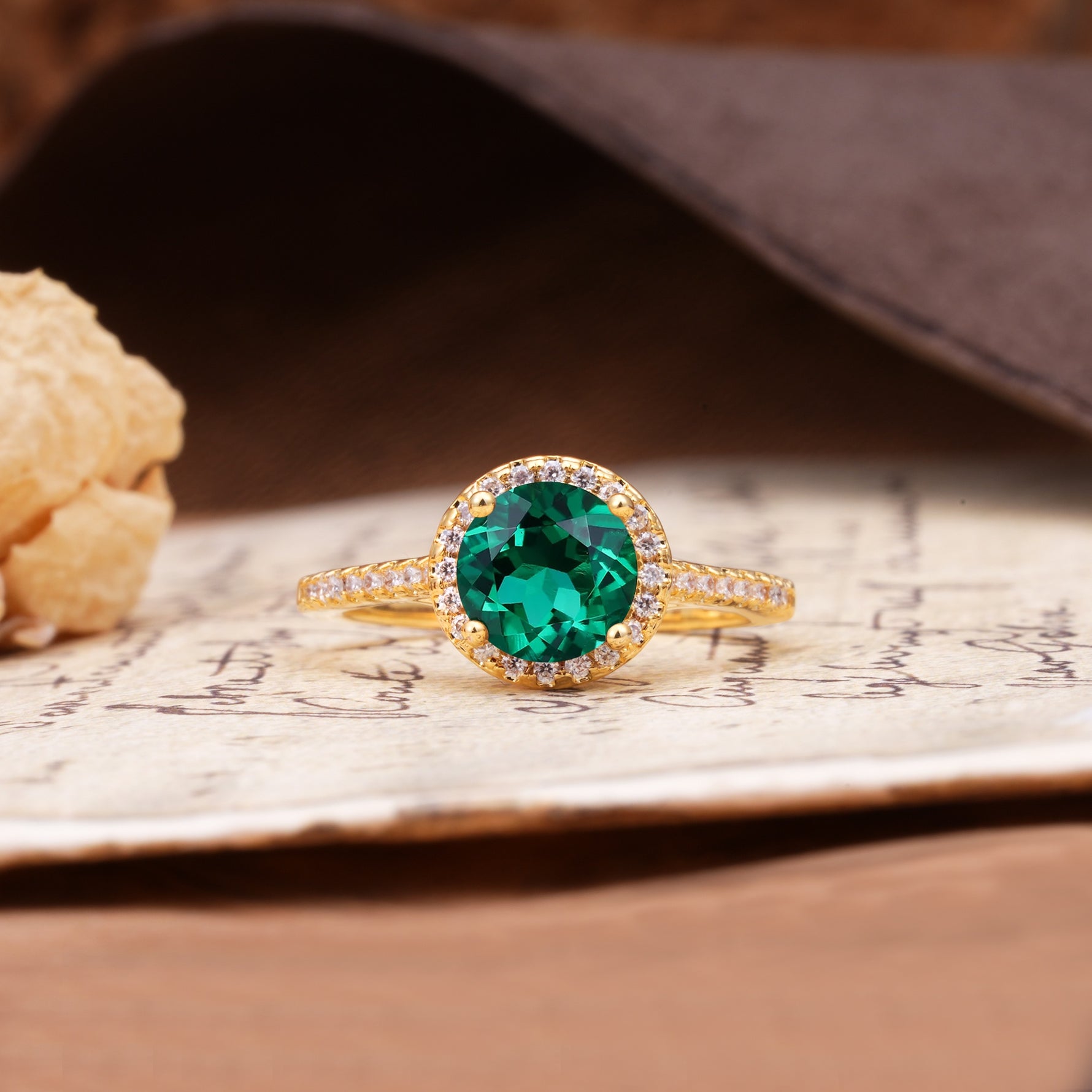 Luxurious, Vintage, Dazzling 4-Prong Round-Cut Emerald Engagement Ring - Additional view