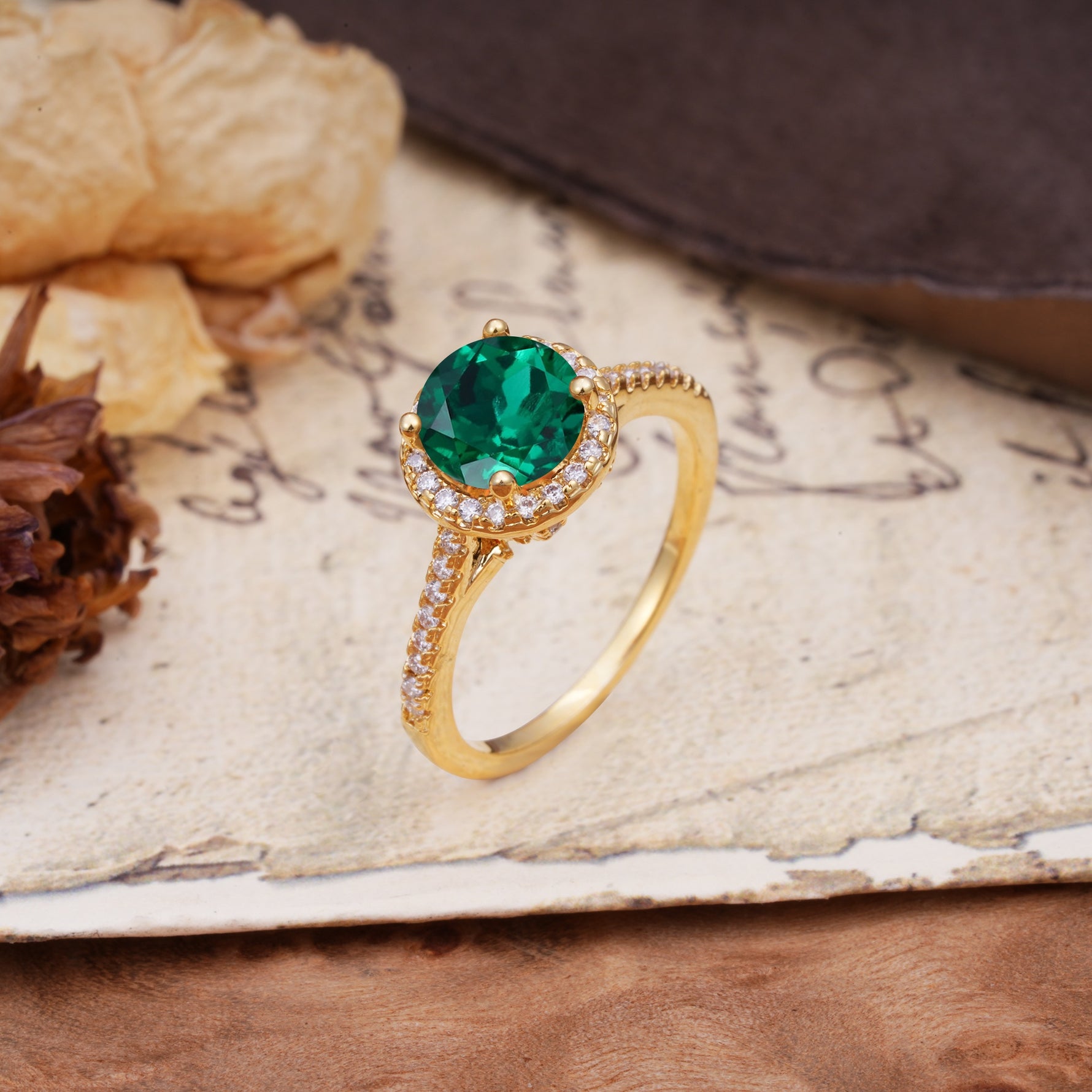 Luxurious, Vintage, Dazzling 4-Prong Round-Cut Emerald Engagement Ring - Additional view
