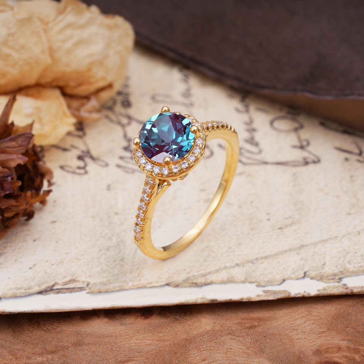 Luxurious, Vintage, Dazzling 4-Prong Round-Cut Alexandrite Engagement Ring - Additional view