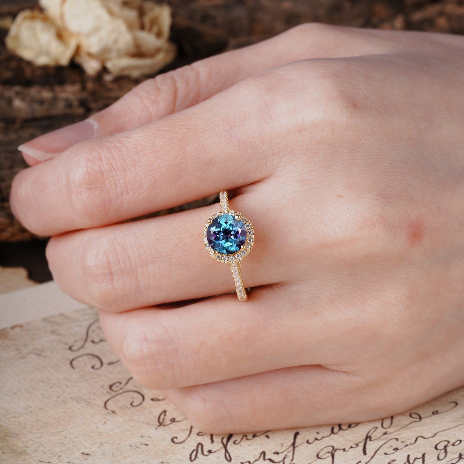 Luxurious, Vintage, Dazzling 4-Prong Round-Cut Alexandrite Engagement Ring - Additional view