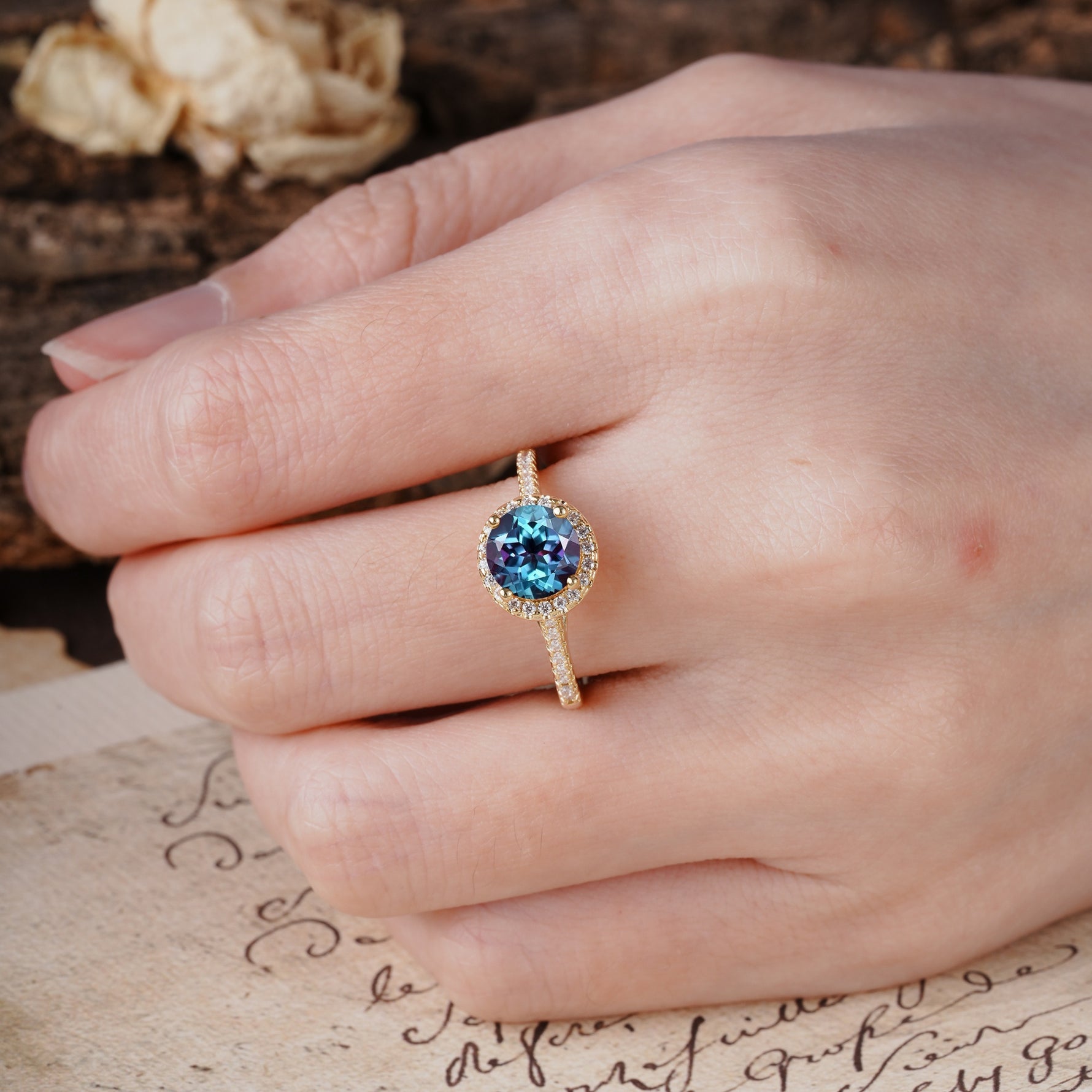 Luxurious, Vintage, Dazzling 4-Prong Round-Cut Alexandrite Engagement Ring - Additional view