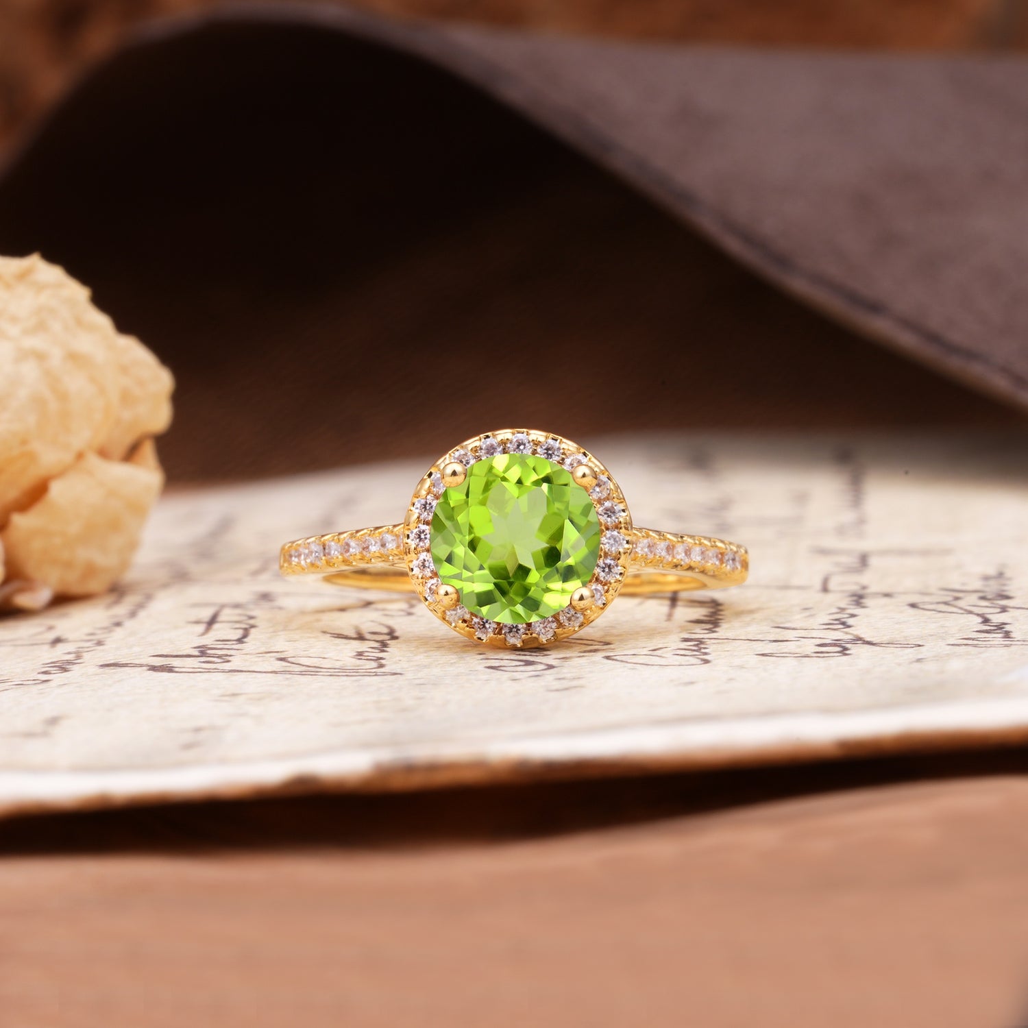 Luxurious, Vintage, Dazzling 4-Prong Round-Cut Peridot Engagement Ring - Additional view
