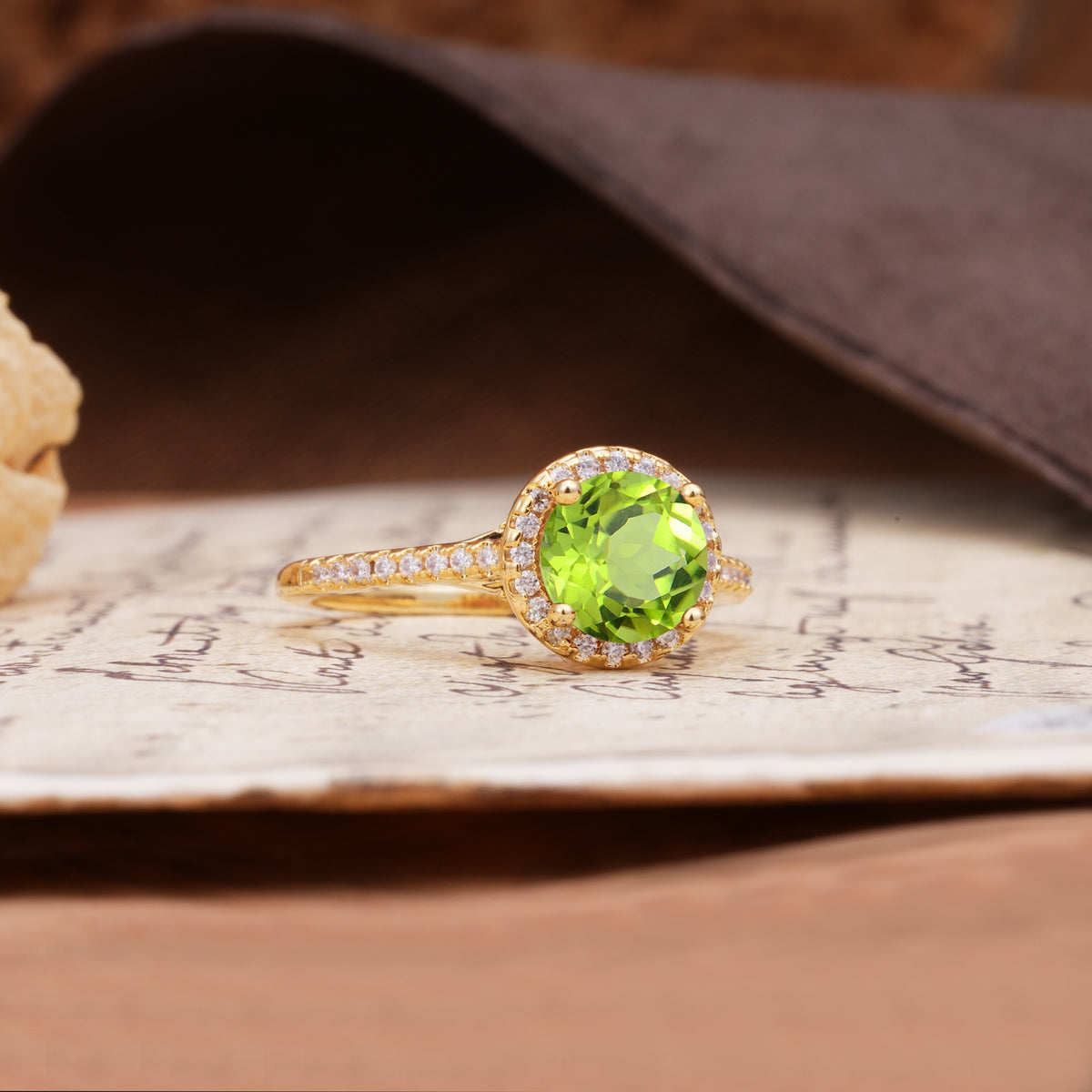 Luxurious, Vintage, Dazzling 4-Prong Round-Cut Peridot Engagement Ring - Additional view