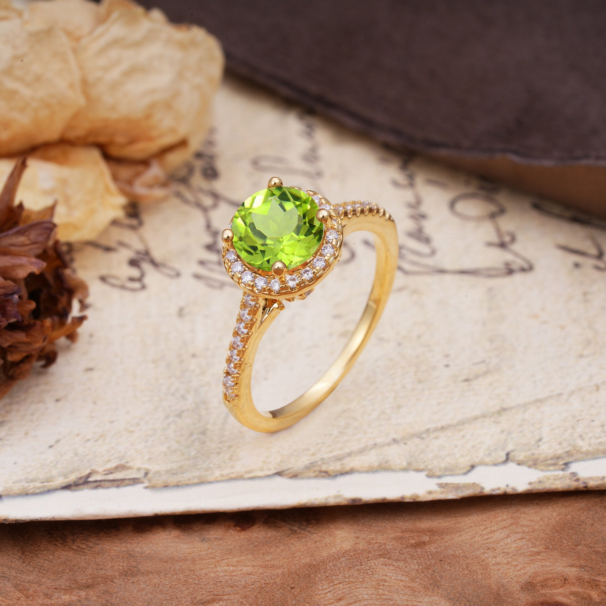 Luxurious, Vintage, Dazzling 4-Prong Round-Cut Peridot Engagement Ring - Additional view
