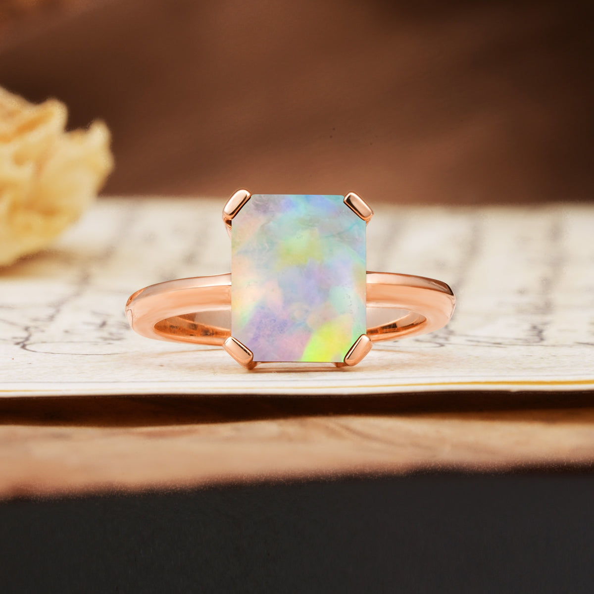 Classic 4 Prong Emerald Cut Fire Opal Statement Ring - Additional view