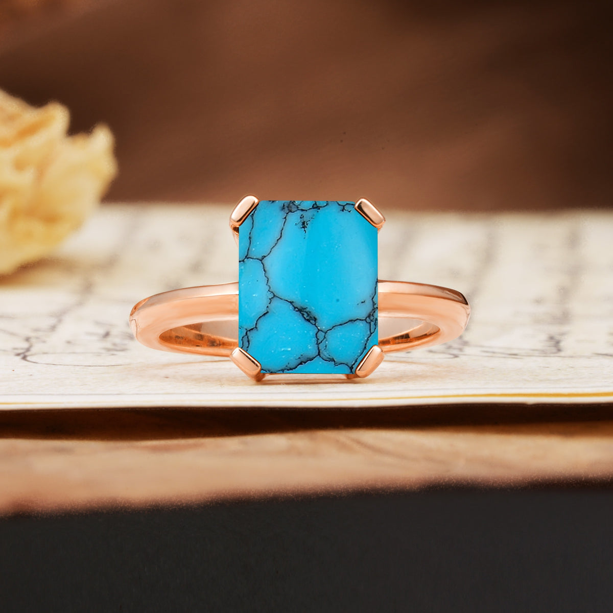 Classic 4 Prong Emerald Cut Turquoise Statement Ring - Additional view