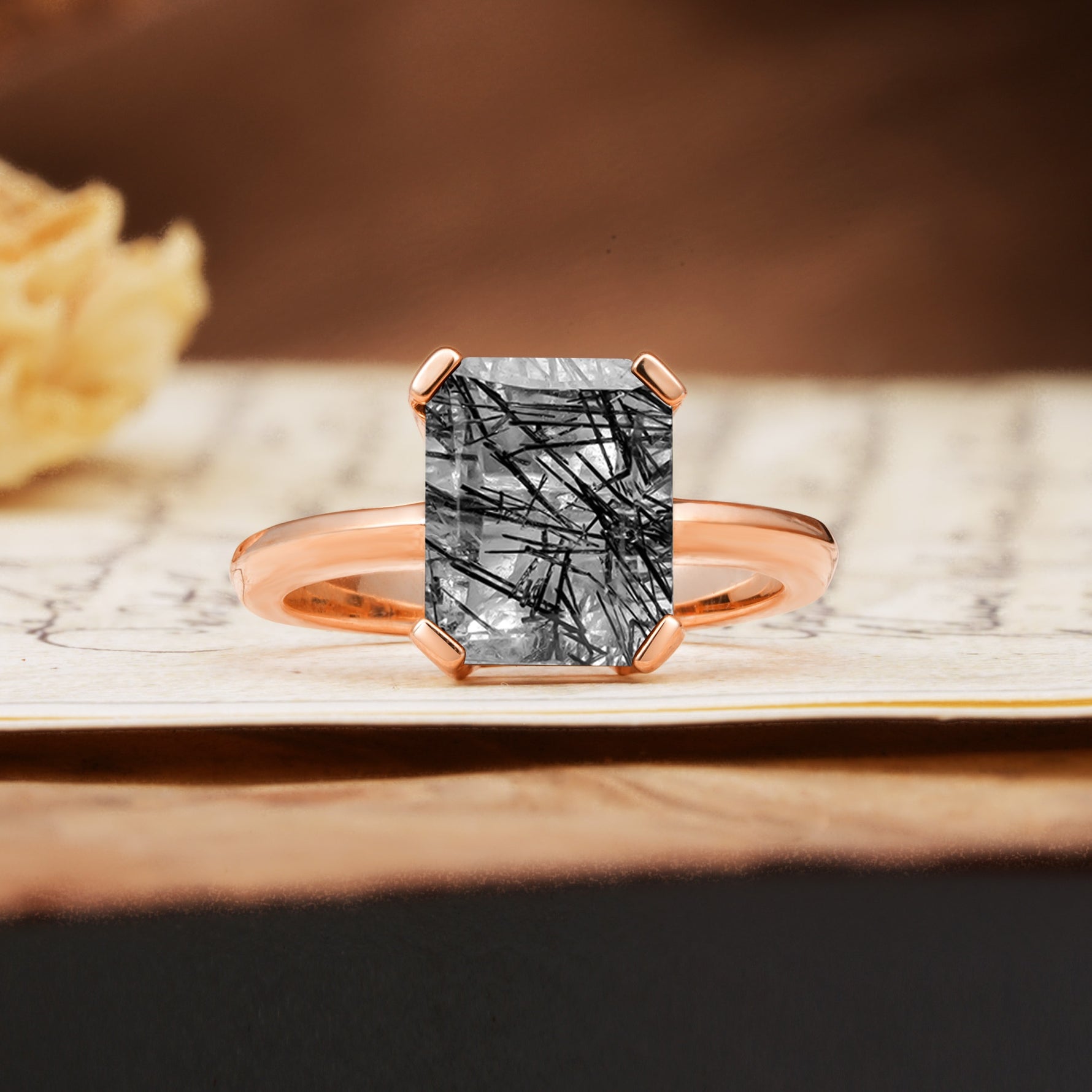 Classic 4 Prong Emerald Cut Black Rutilated Quartz Statement Ring - Additional view