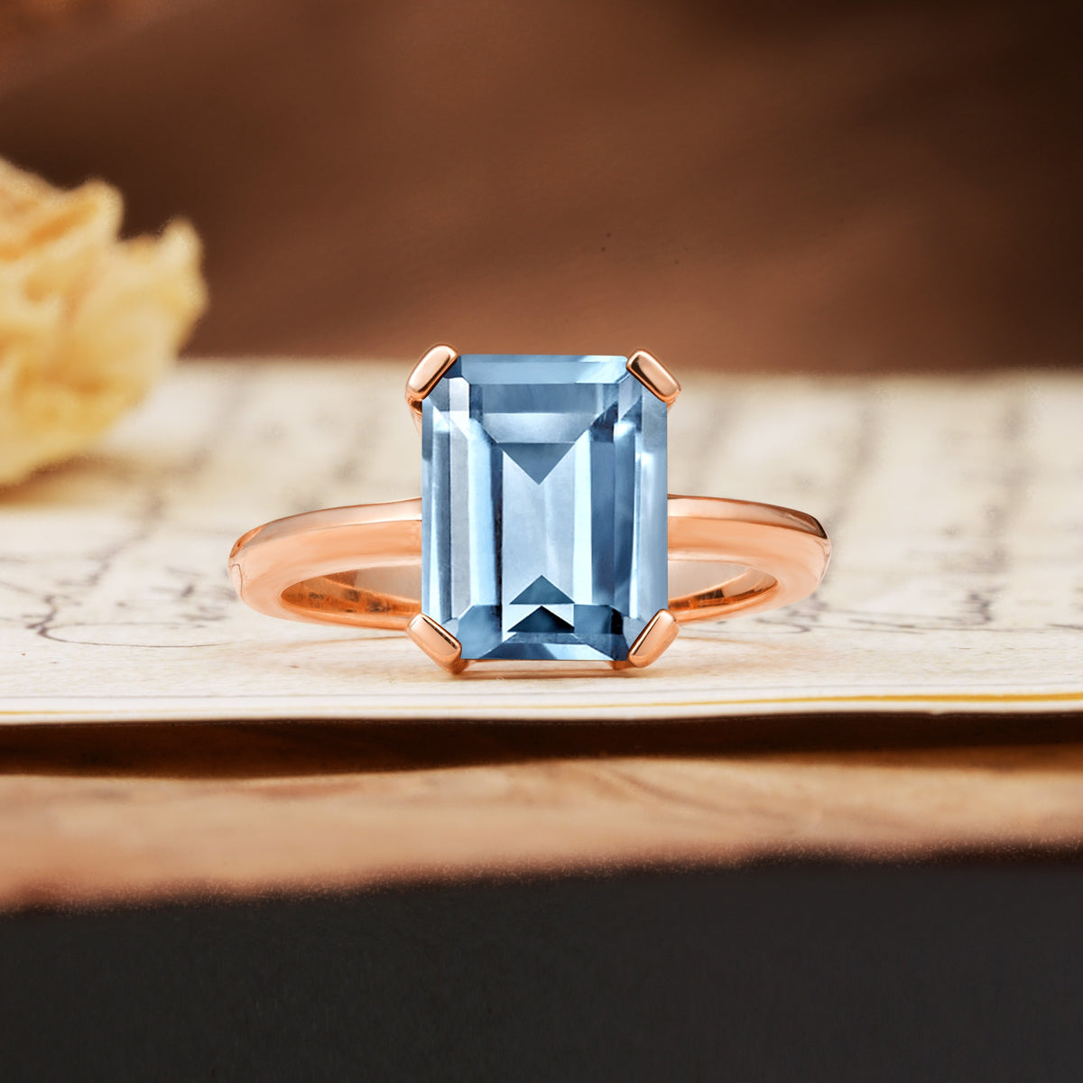 Classic 4 Prong Emerald Cut Aquamarine Statement Ring - Additional view