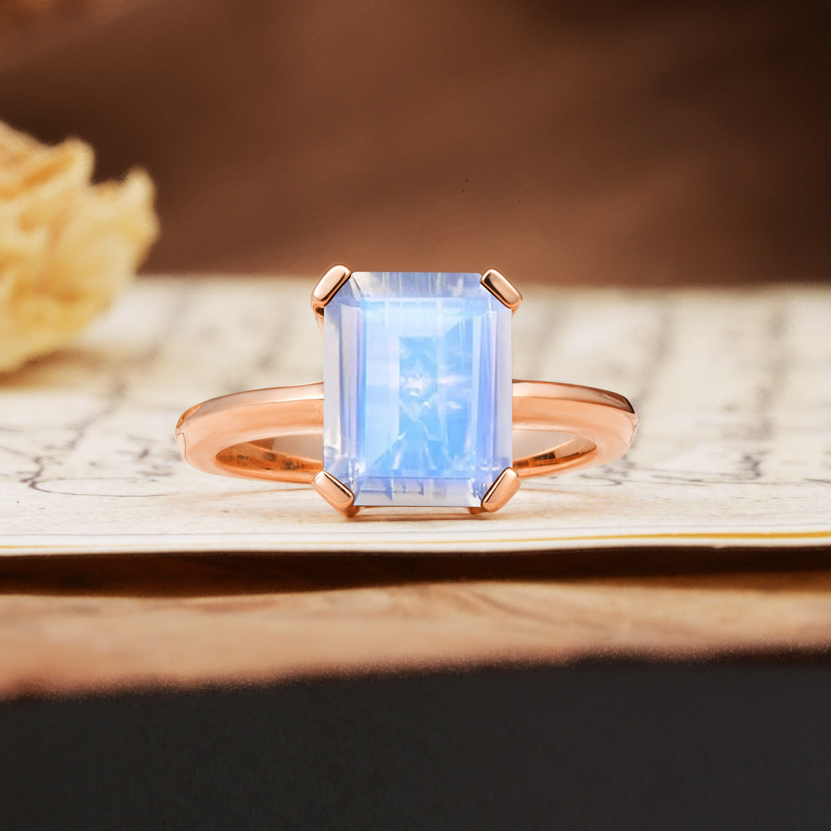 Classic 4 Prong Emerald Cut Moonstone Statement Ring - Additional view