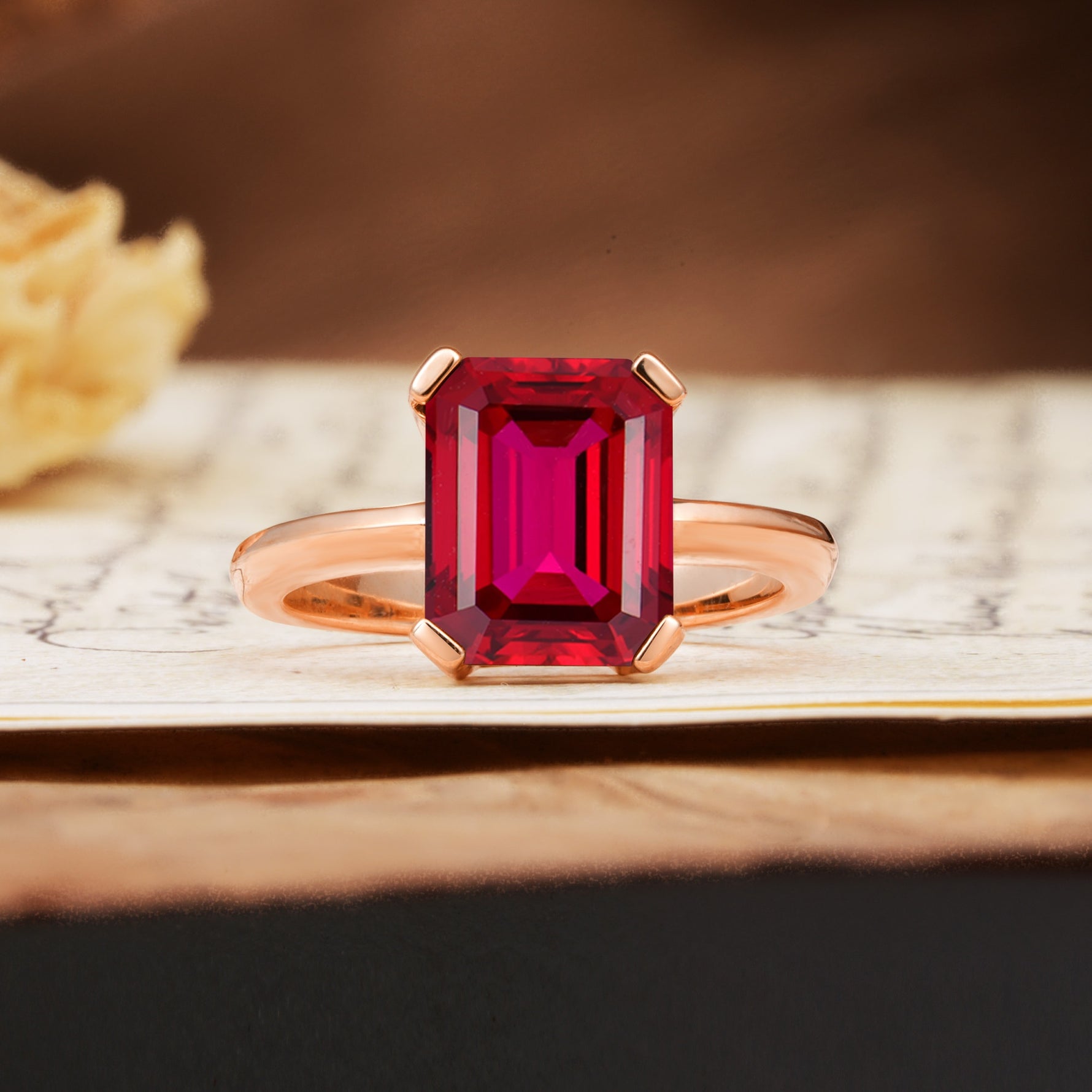 Classic 4 Prong Emerald Cut Ruby Statement Ring - Additional view