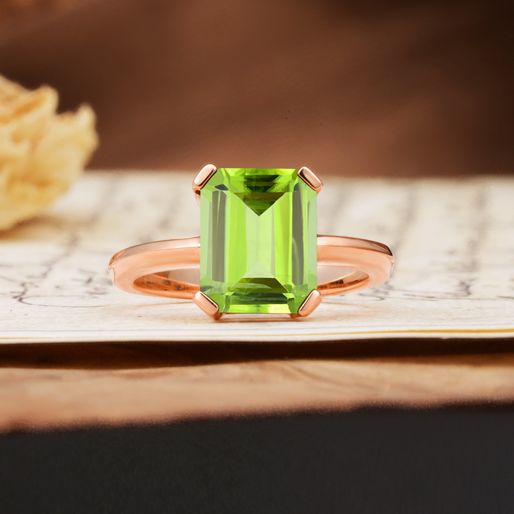 Classic 4 Prong Emerald Cut Peridot Statement Ring - Additional view