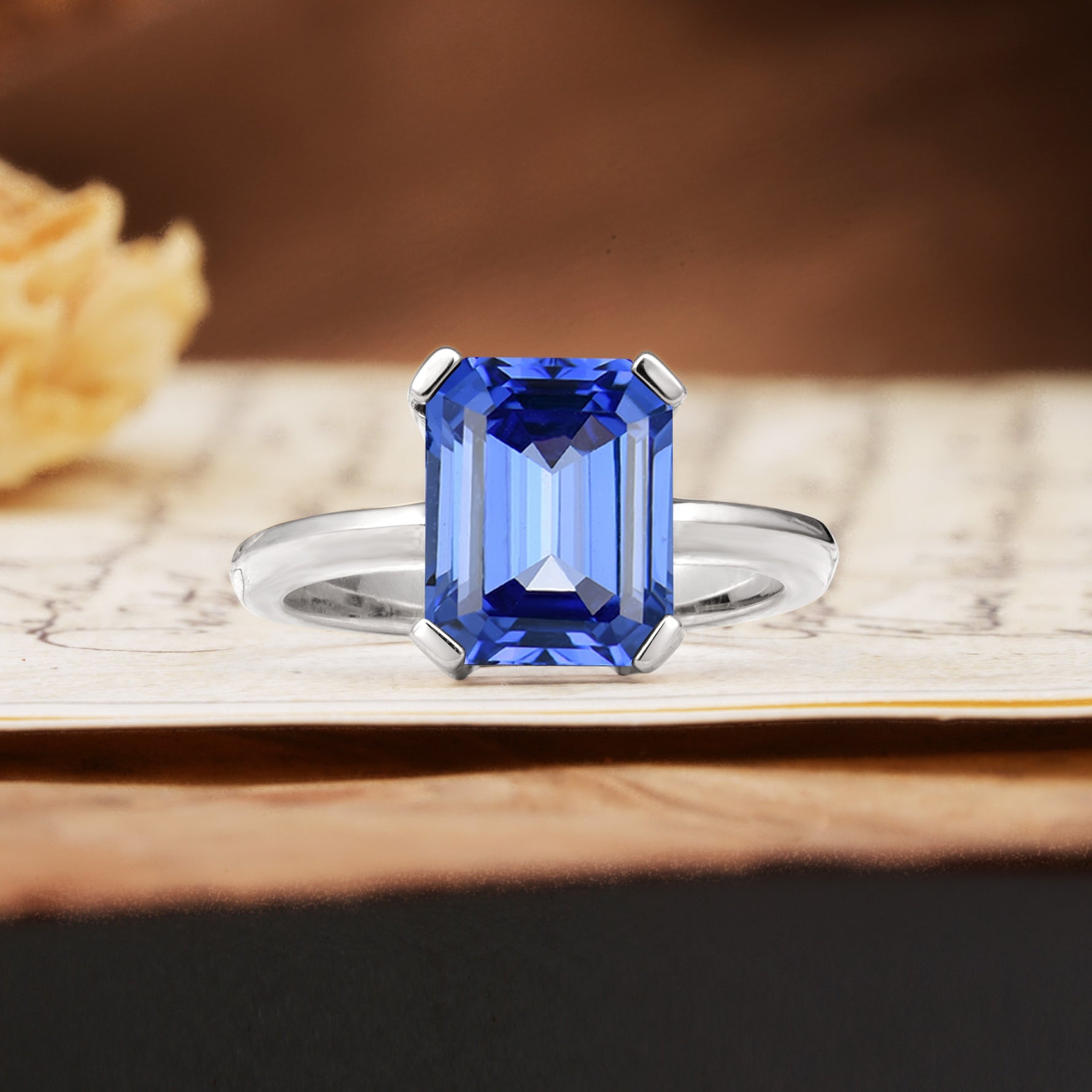 Classic 4 Prong Emerald Cut Sapphire Statement Ring - Additional view