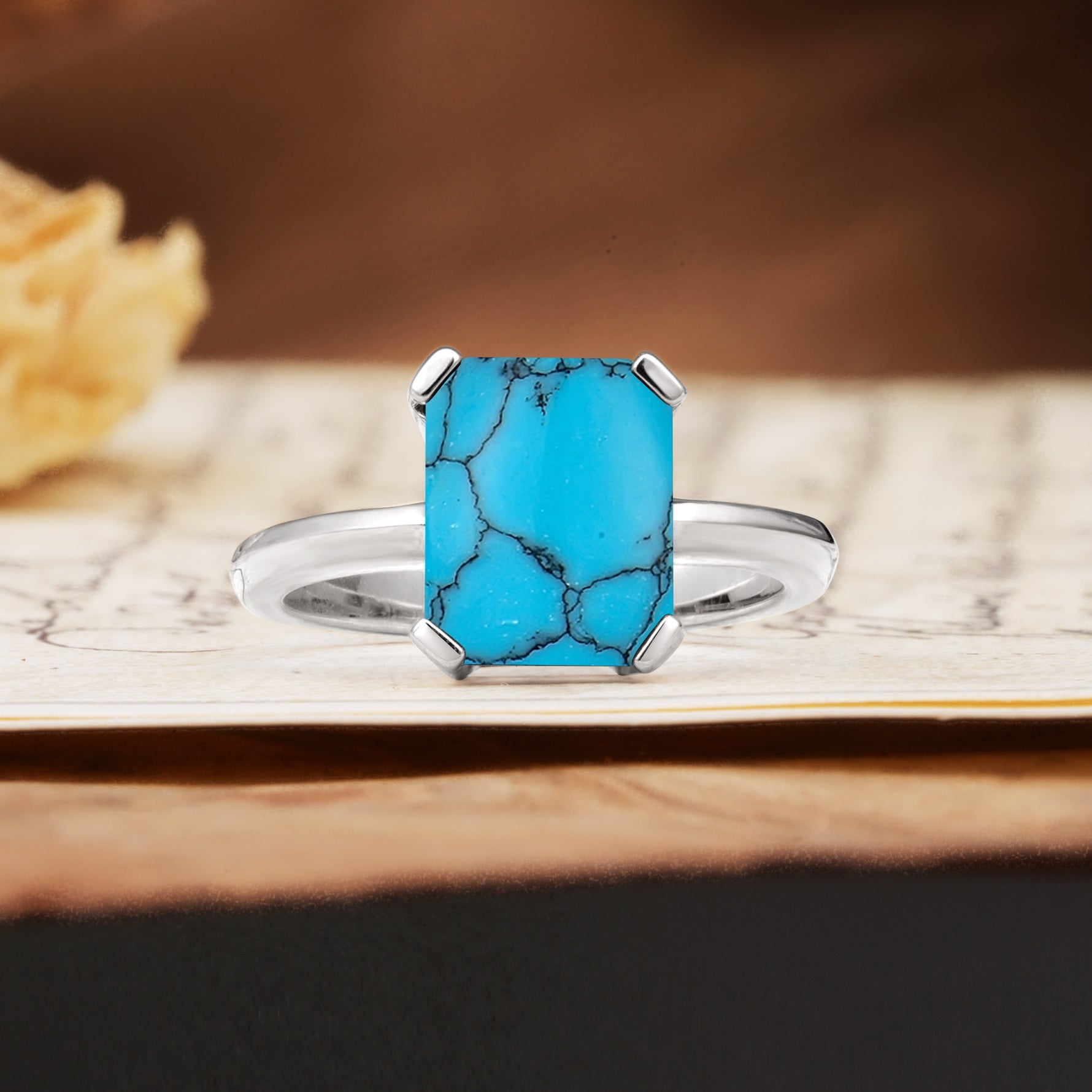 Classic 4 Prong Emerald Cut Turquoise Statement Ring - Additional view