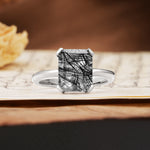 Classic 4 Prong Emerald Cut Black Rutilated Quartz Statement Ring - Additional view