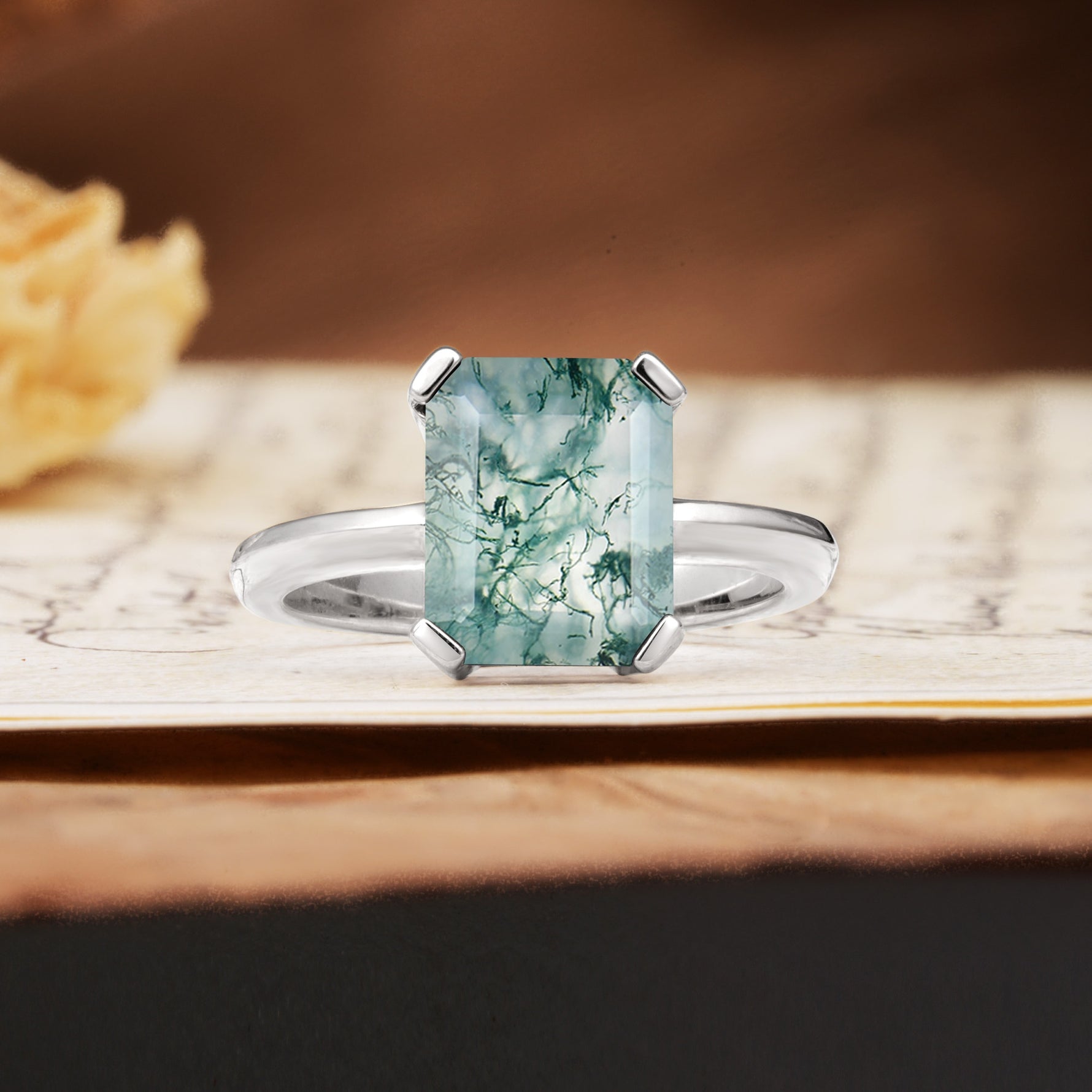 Classic 4 Prong Emerald Cut Moss Agate Statement Ring - Additional view