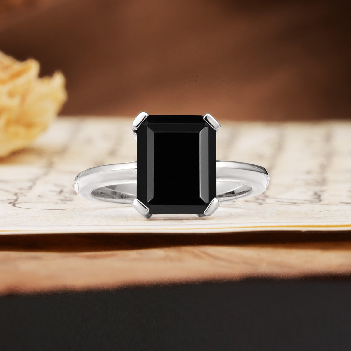 Classic 4 Prong Emerald Cut Black Onyx Statement Ring - Additional view