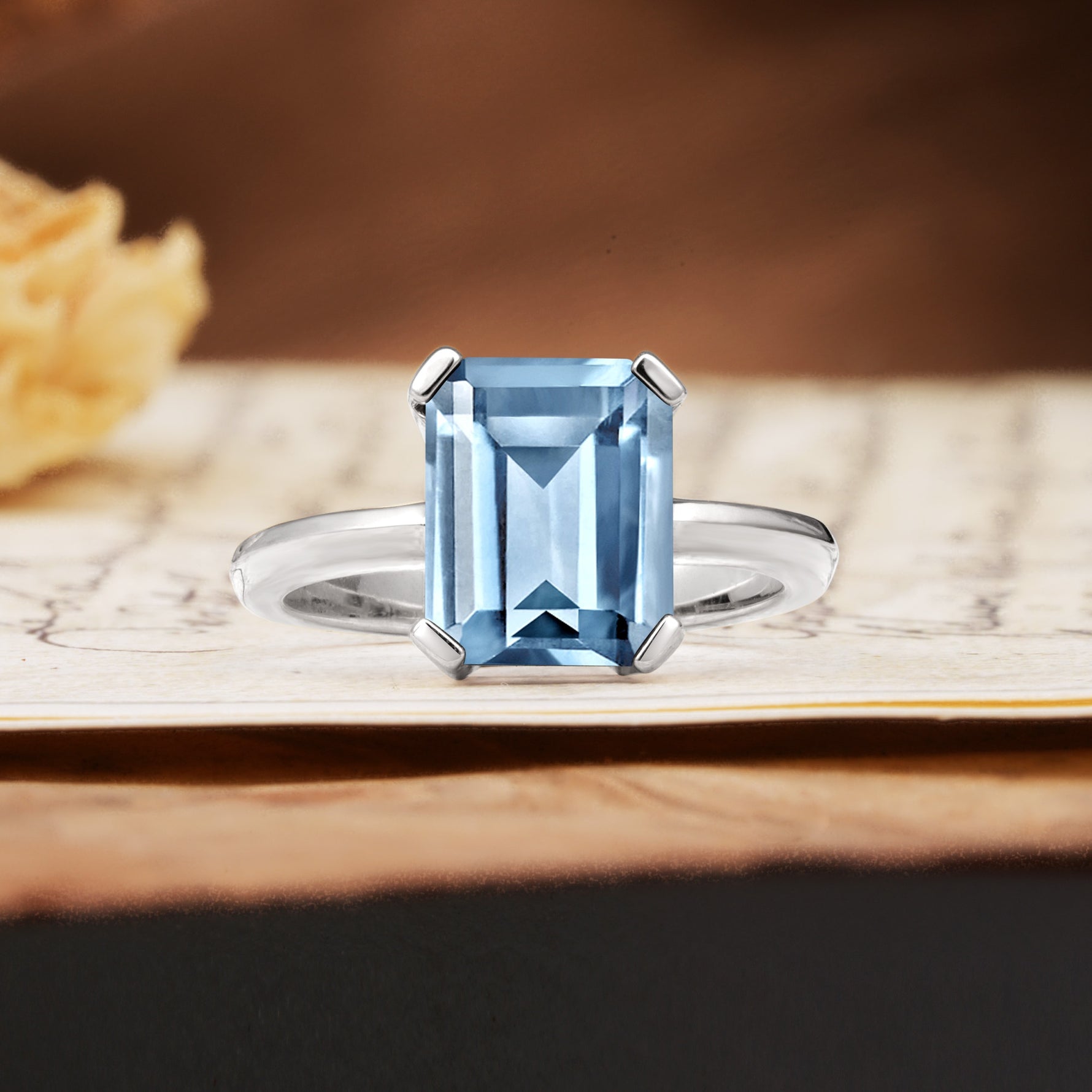 Classic 4 Prong Emerald Cut Aquamarine Statement Ring - Additional view