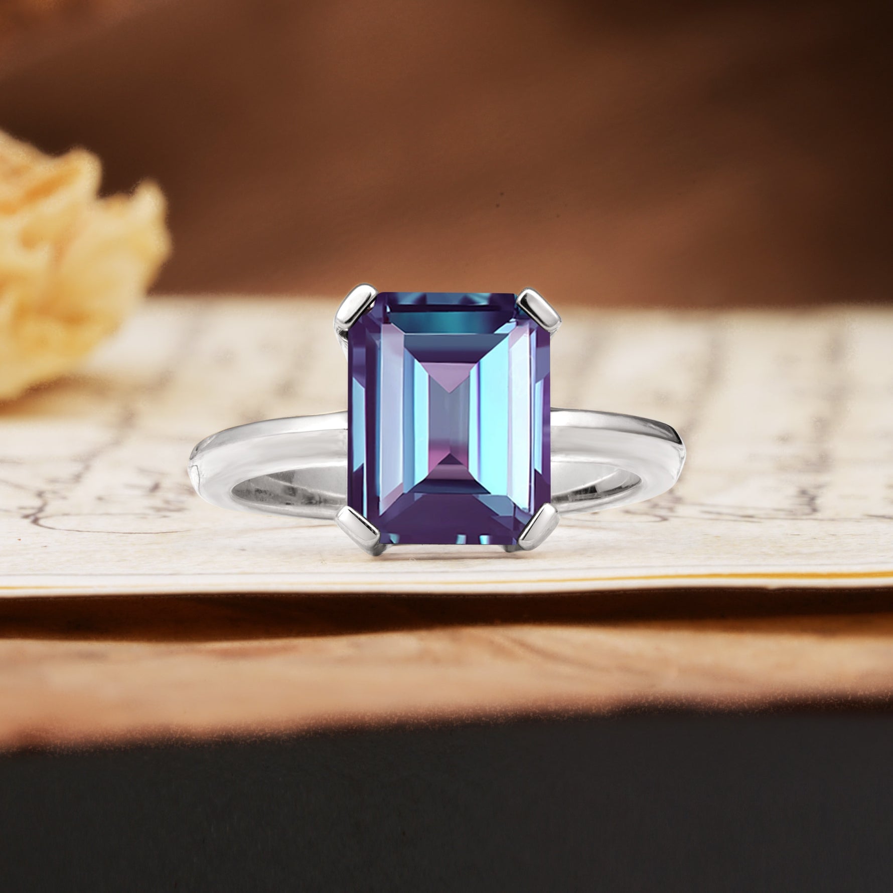 Classic 4 Prong Emerald Cut Alexandrite Statement Ring - Additional view