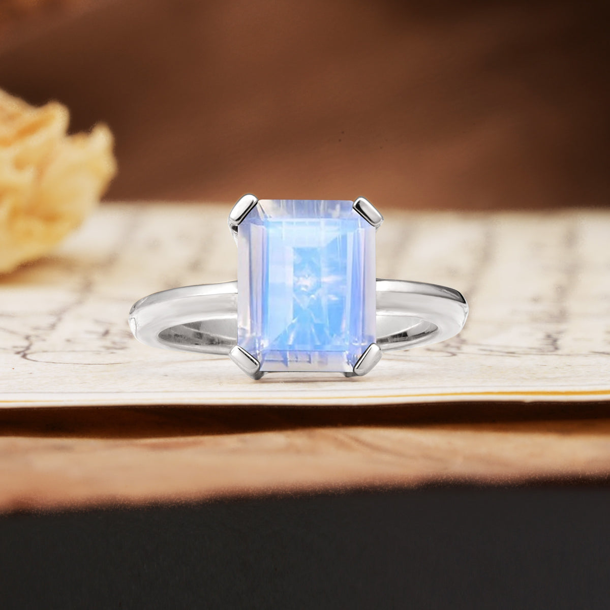 Classic 4 Prong Emerald Cut Moonstone Statement Ring - Additional view