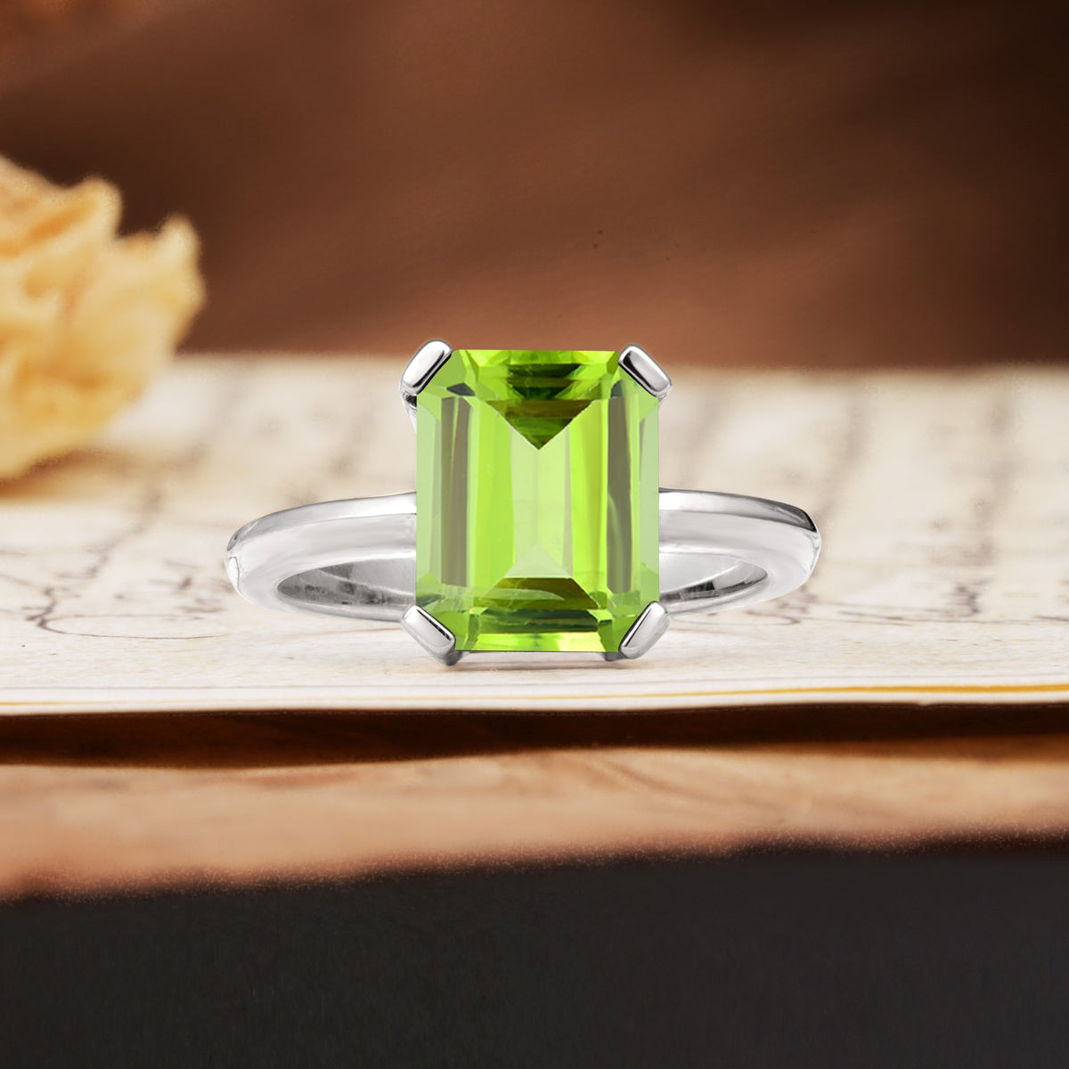 Classic 4 Prong Emerald Cut Peridot Statement Ring - Additional view