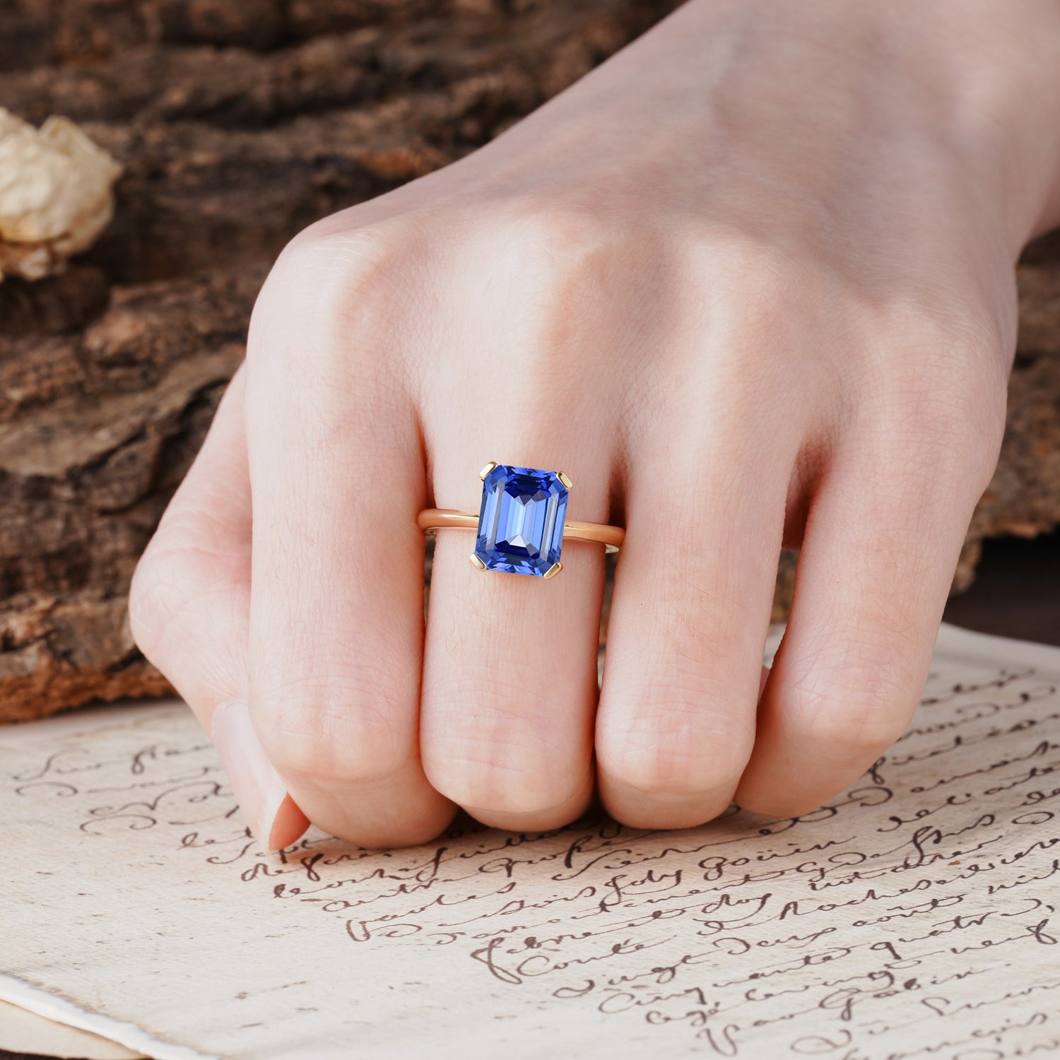 Classic 4 Prong Emerald Cut Sapphire Statement Ring - Additional view