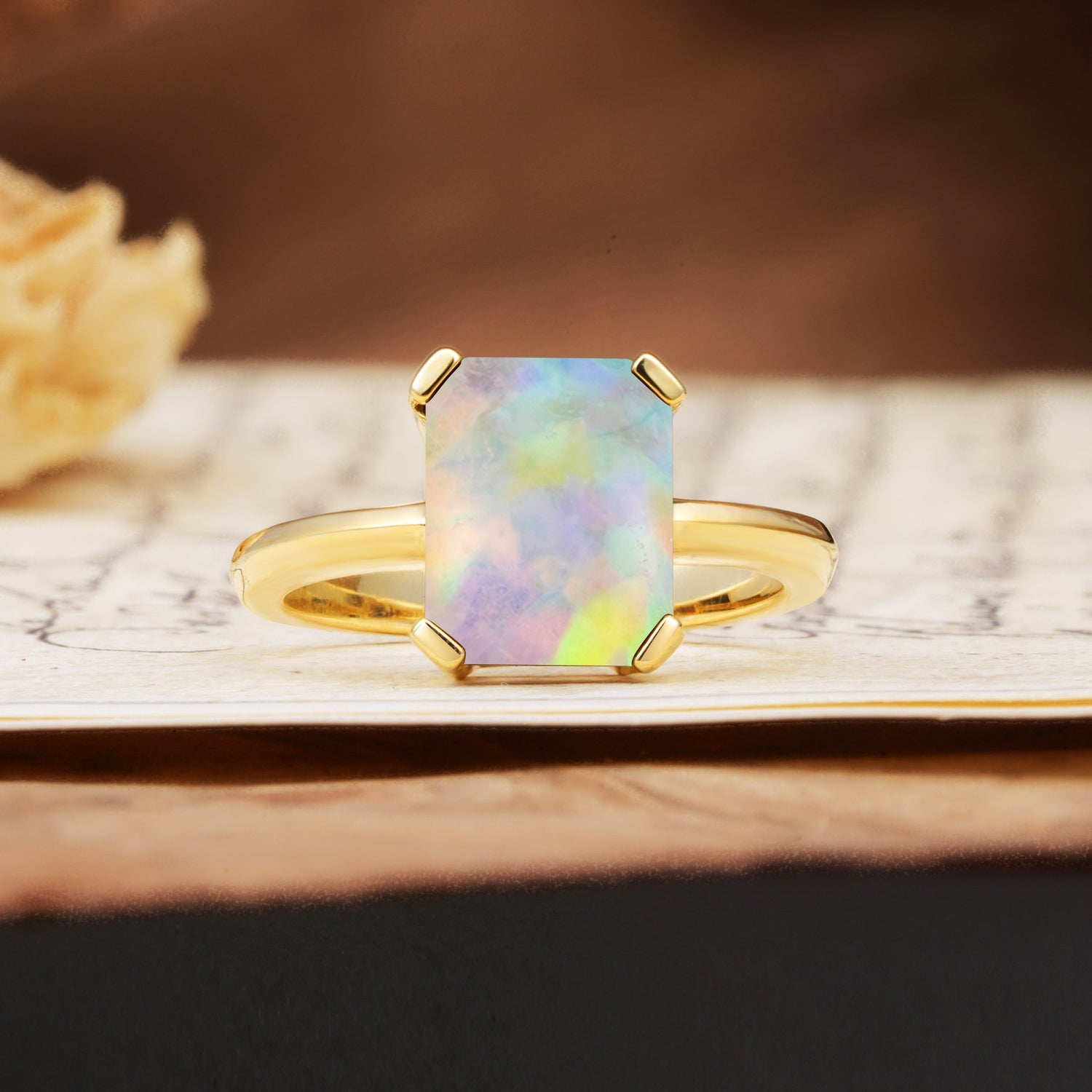 Classic 4 Prong Emerald Cut Fire Opal Statement Ring - Additional view