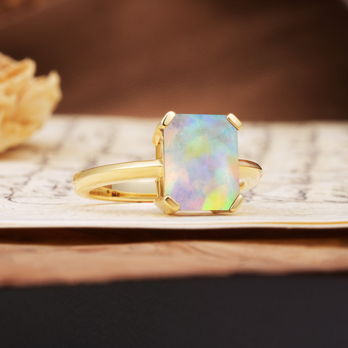 Classic 4 Prong Emerald Cut Fire Opal Statement Ring - Additional view