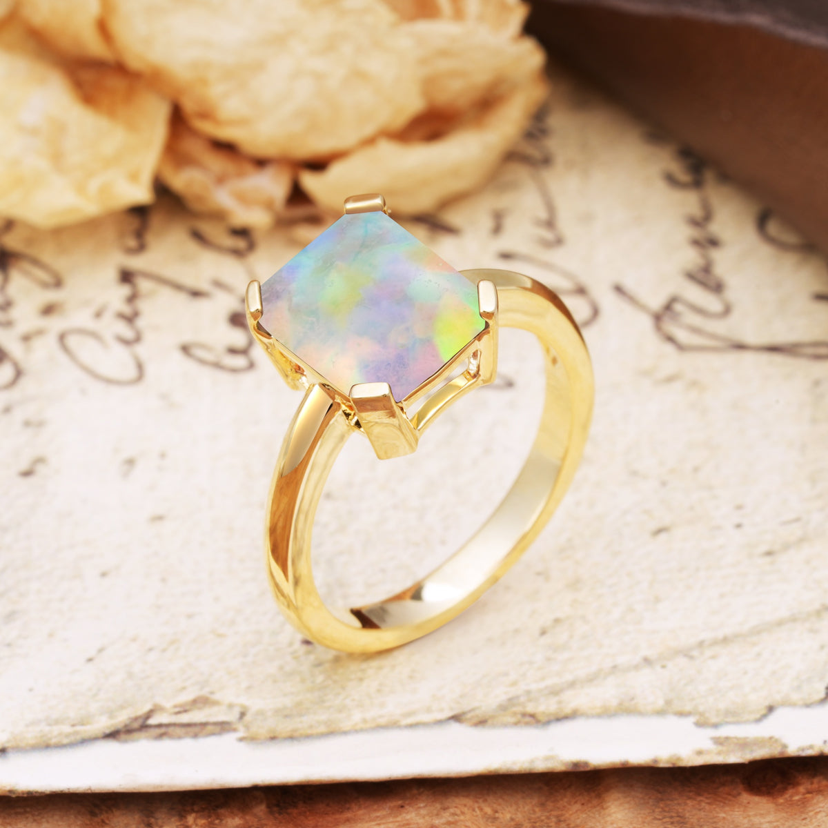 Classic 4 Prong Emerald Cut Fire Opal Statement Ring - Additional view