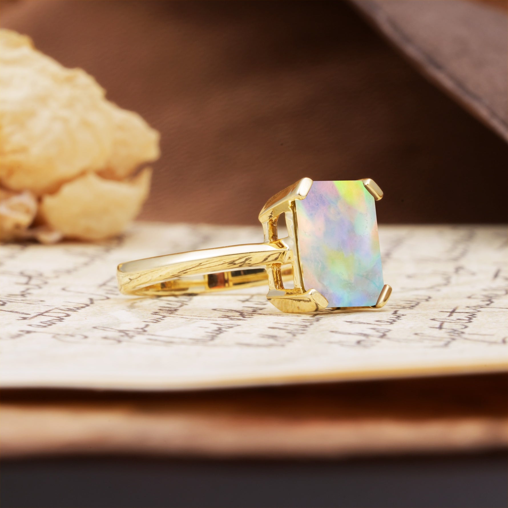 Classic 4 Prong Emerald Cut Fire Opal Statement Ring - Additional view