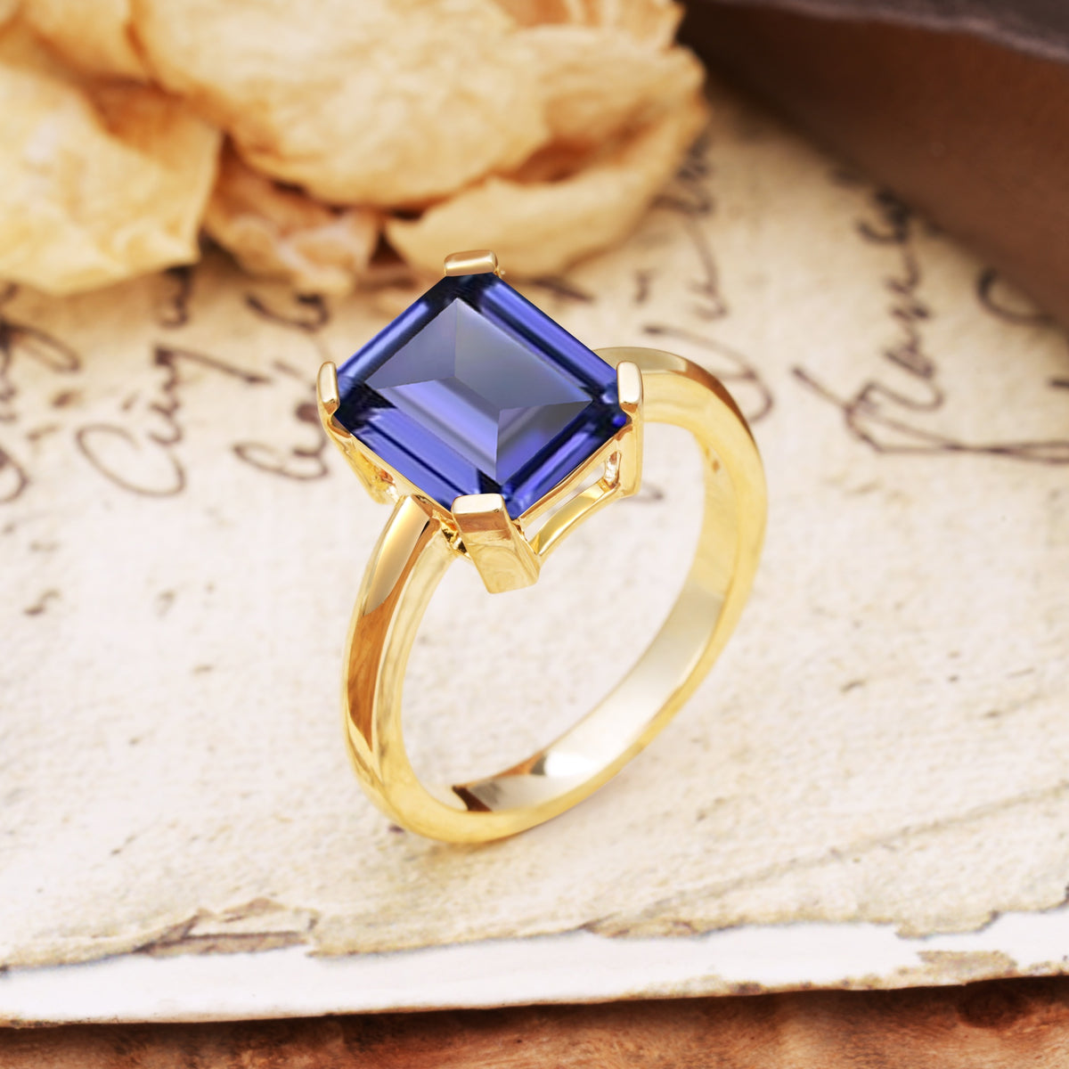 Classic 4 Prong Emerald Cut Tanzanite Statement Ring - Additional view