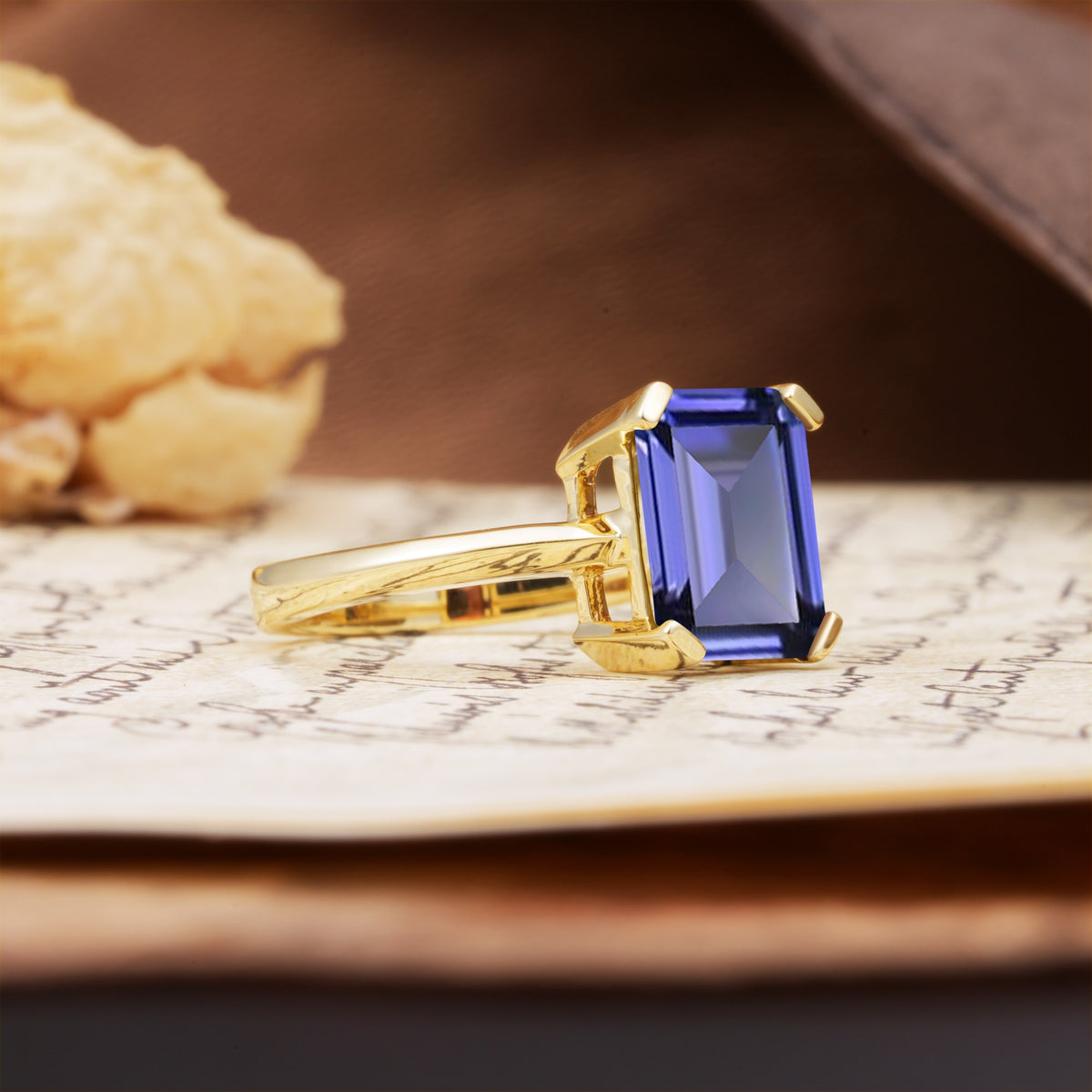Classic 4 Prong Emerald Cut Tanzanite Statement Ring - Additional view