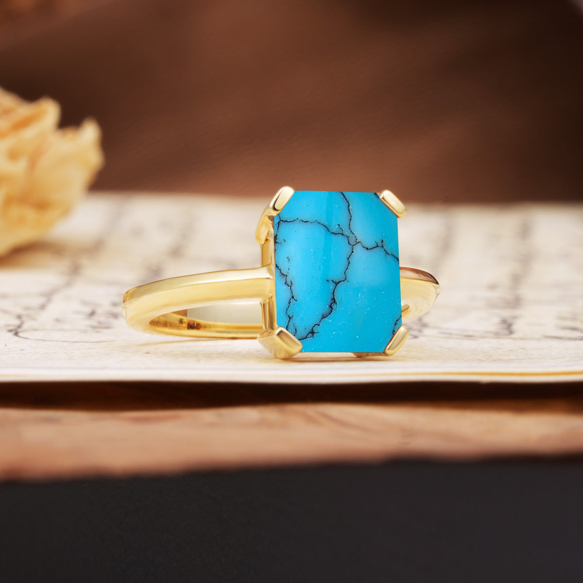 Classic 4 Prong Emerald Cut Turquoise Statement Ring - Additional view