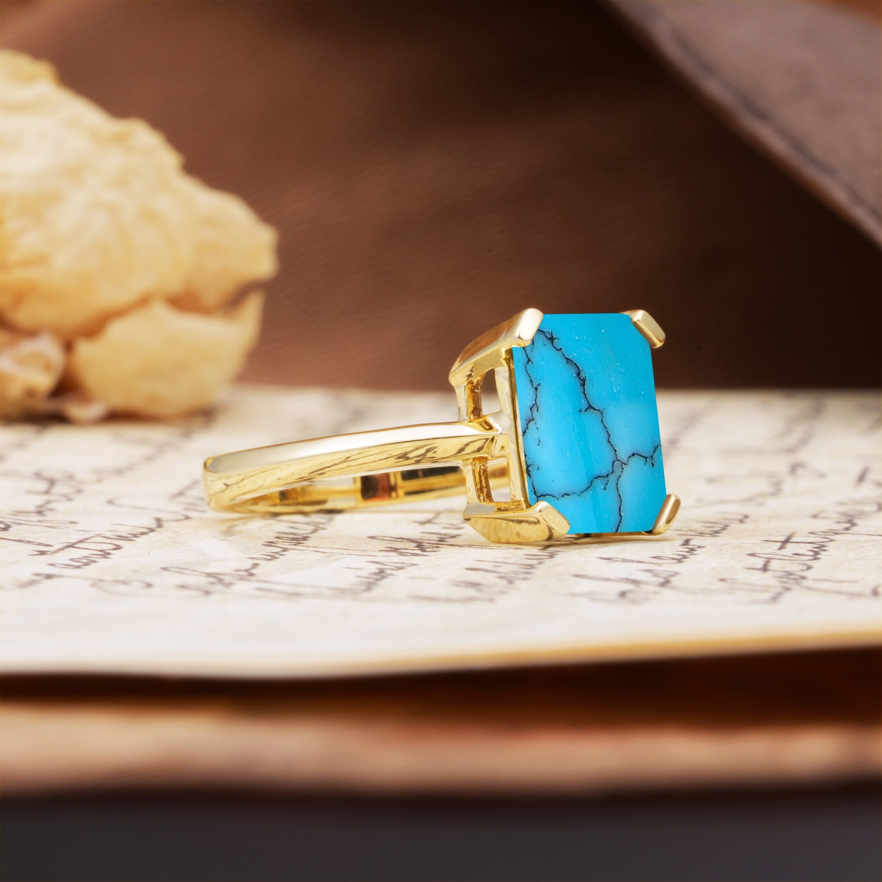 Classic 4 Prong Emerald Cut Turquoise Statement Ring - Additional view