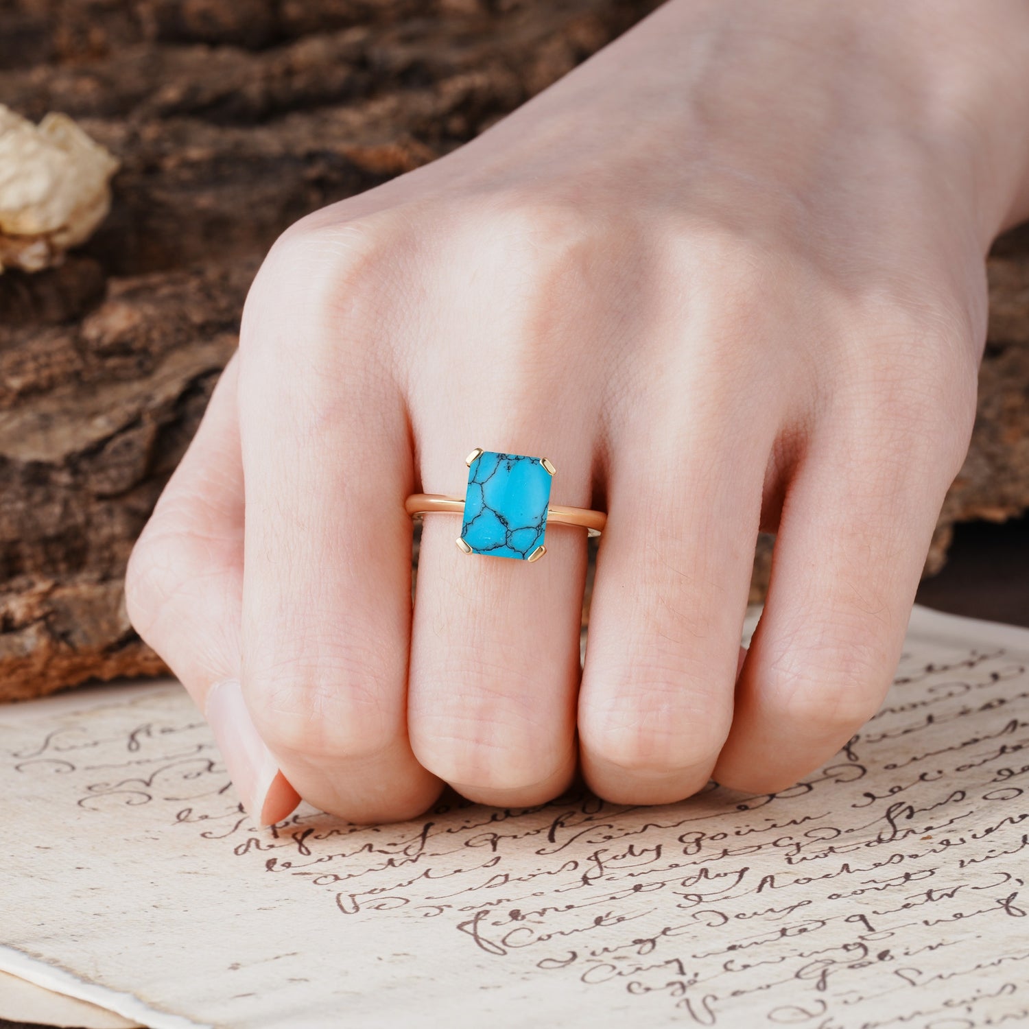 Classic 4 Prong Emerald Cut Turquoise Statement Ring - Additional view