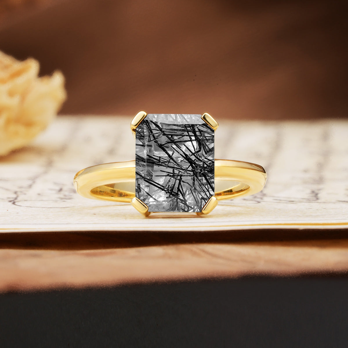 Classic 4 Prong Emerald Cut Black Rutilated Quartz Statement Ring - Additional view