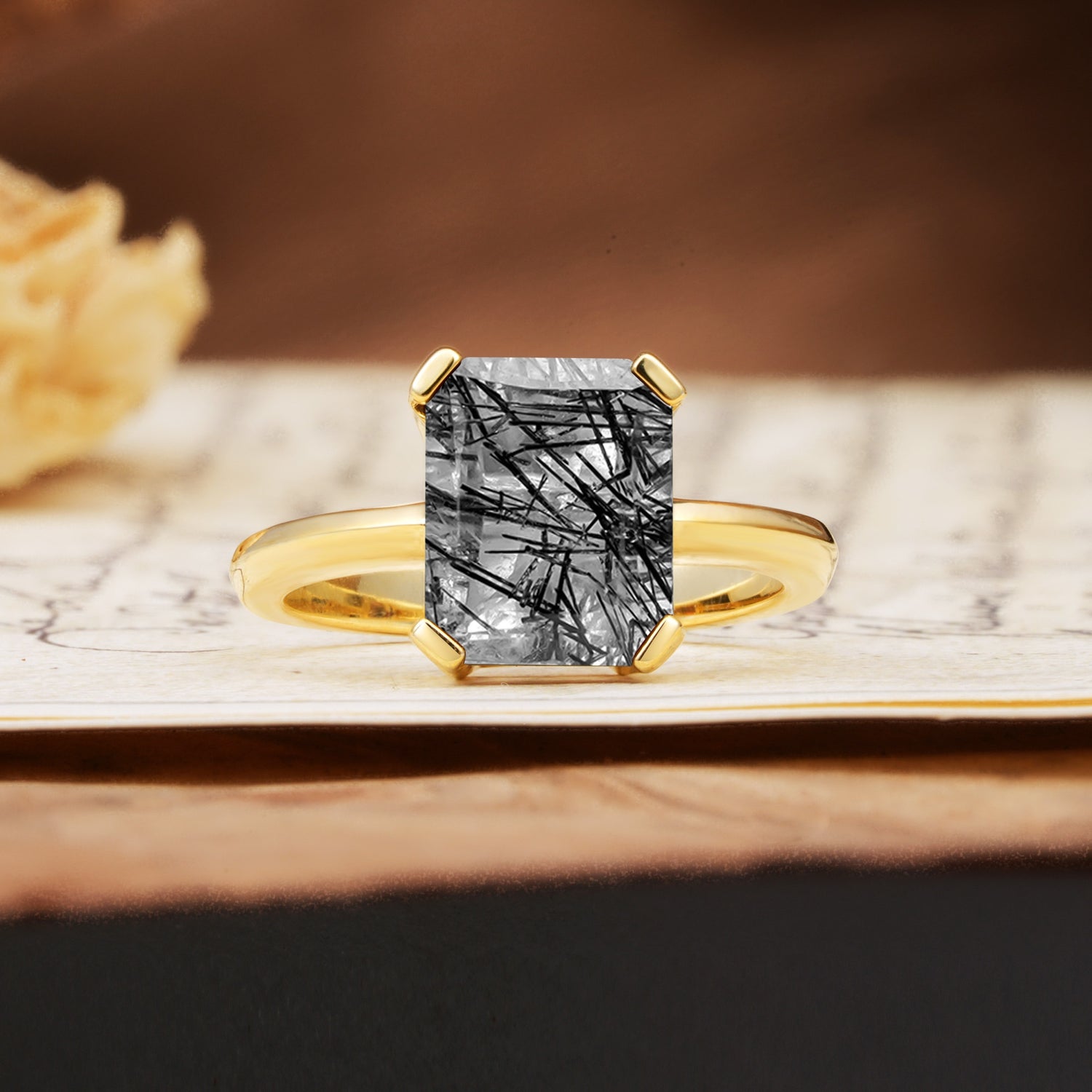 Classic 4 Prong Emerald Cut Black Rutilated Quartz Statement Ring - Additional view