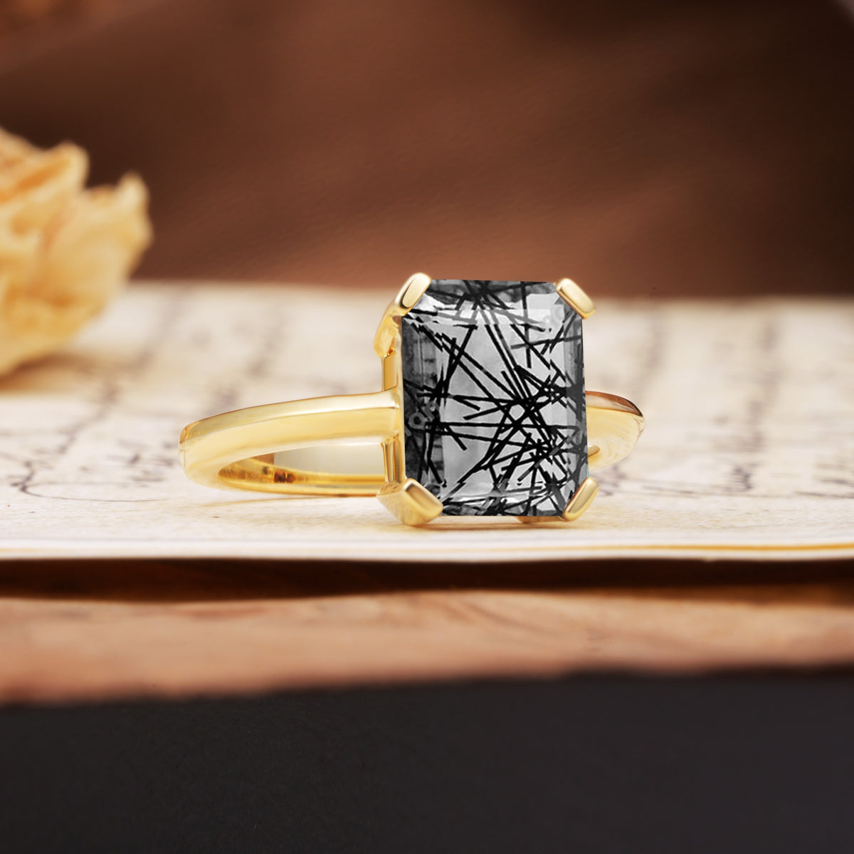 Classic 4 Prong Emerald Cut Black Rutilated Quartz Statement Ring - Additional view