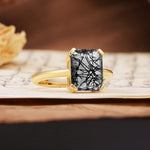 Classic 4 Prong Emerald Cut Black Rutilated Quartz Statement Ring - Additional view