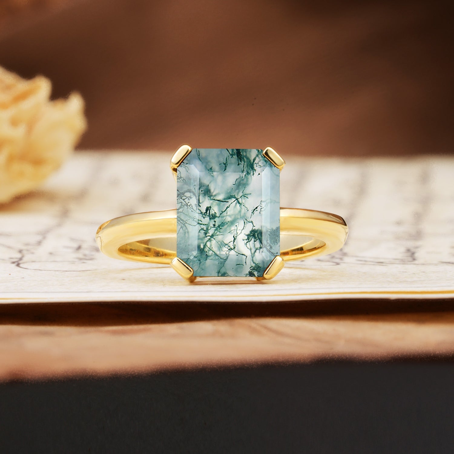 Classic 4 Prong Emerald Cut Moss Agate Statement Ring - Additional view