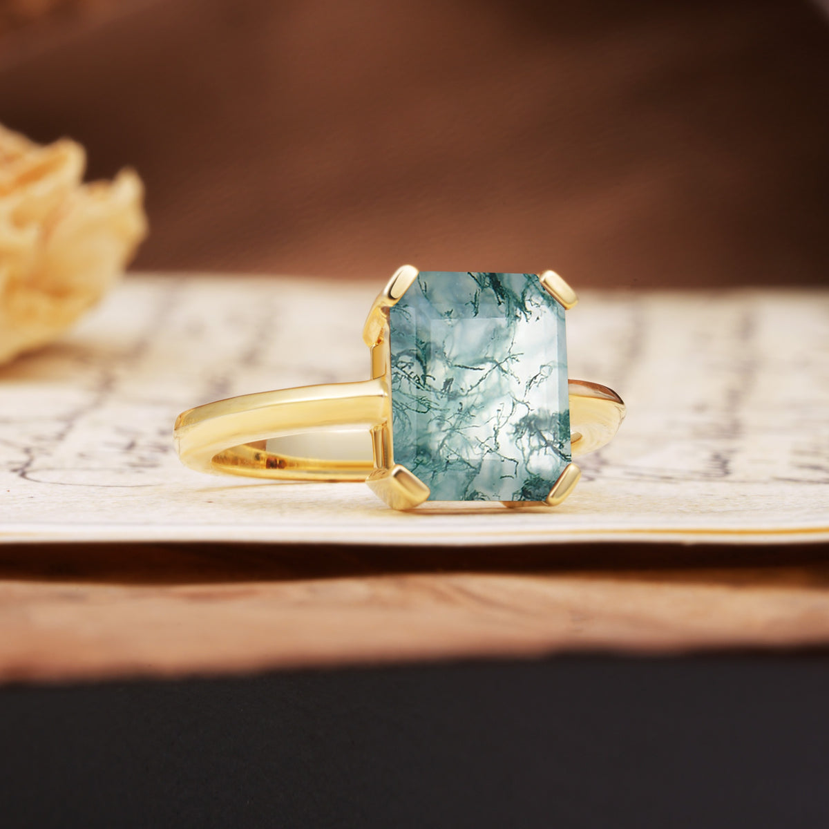 Classic 4 Prong Emerald Cut Moss Agate Statement Ring - Additional view